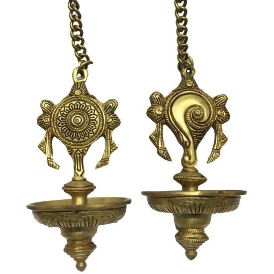 Shanka Chakra Hanging Diya Set Brass Antique Single Flame 6.5 inch