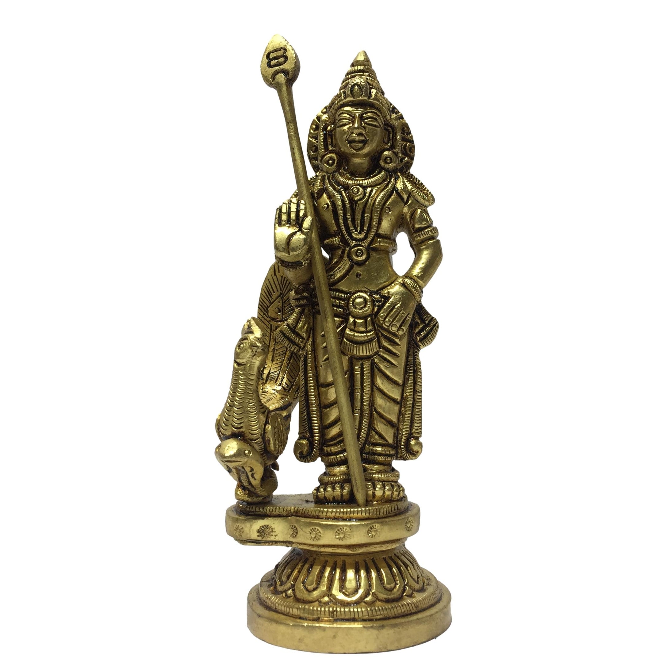 Bala Murugan With Peacock on Round Dais Brass Antique 4.5 Inch - Sri Prarthana