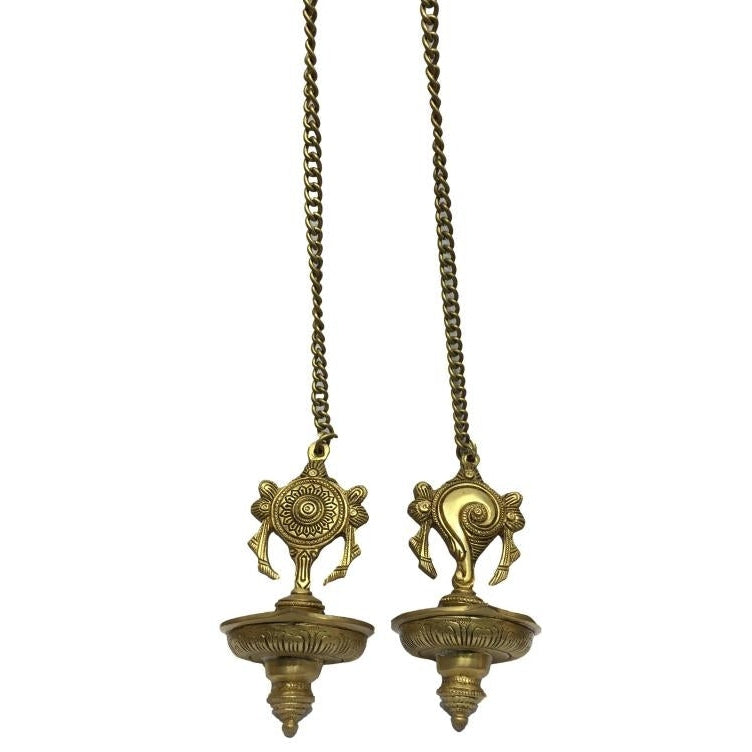 Shanka Chakra Hanging Diya Set Brass Antique Single Flame 6.5 inch