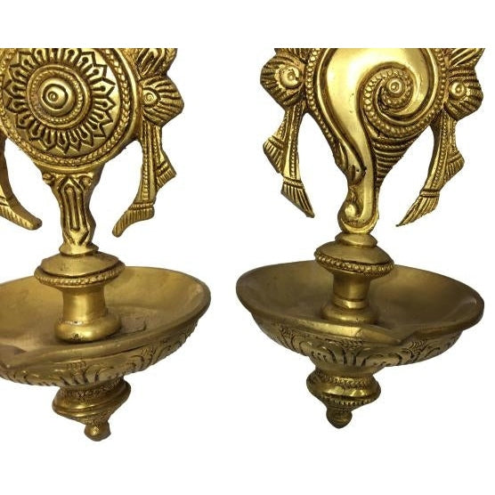 Shanka Chakra Hanging Diya Set Brass Antique Single Flame 6.5 inch