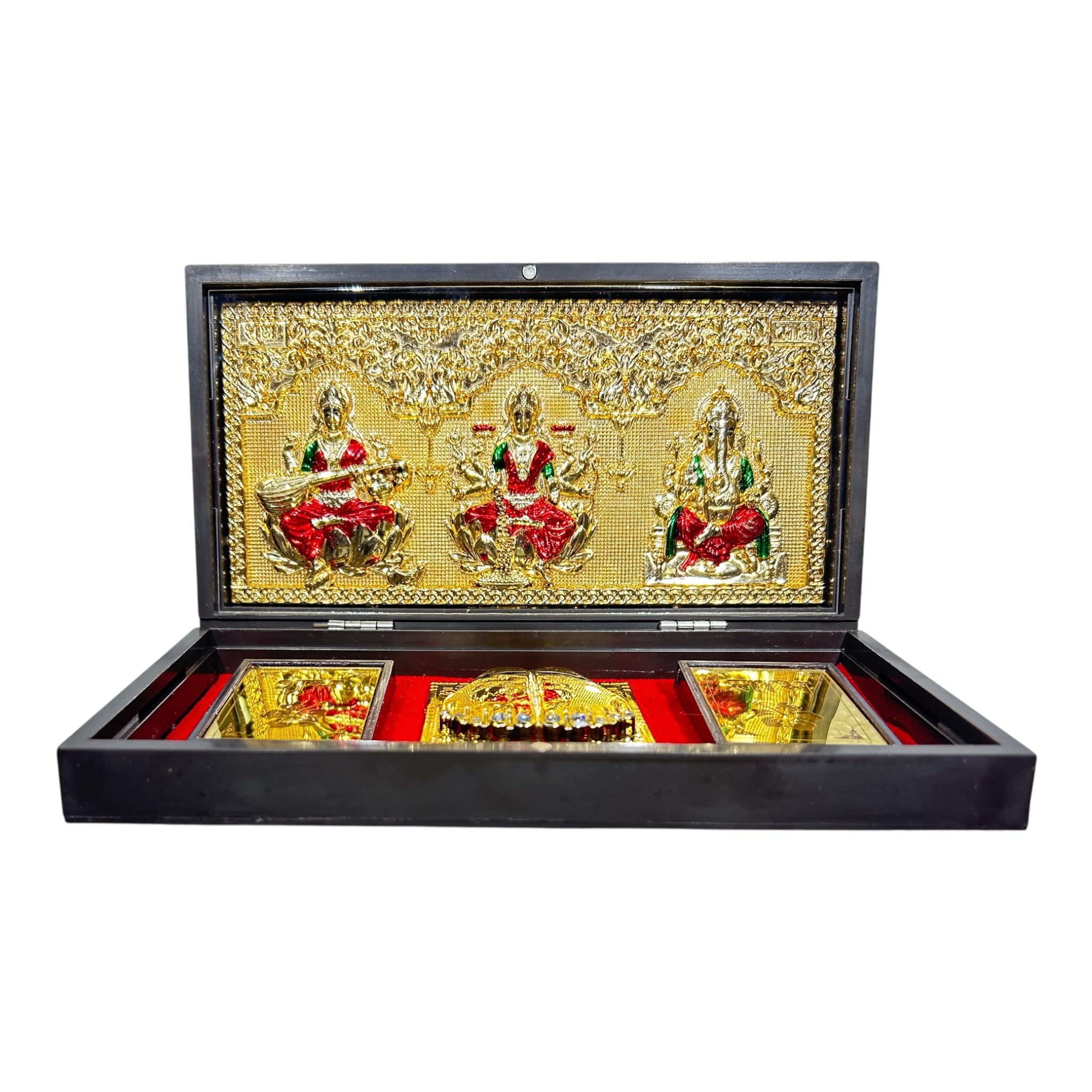 Sri Mahalakshmi  Saraswathi Ganesh Gold foil Charan Padhukas Corporate Gift  Box 21 x 11 cm -Divine  presentation for Auspicious Beginnings & Navratri Celebrations
