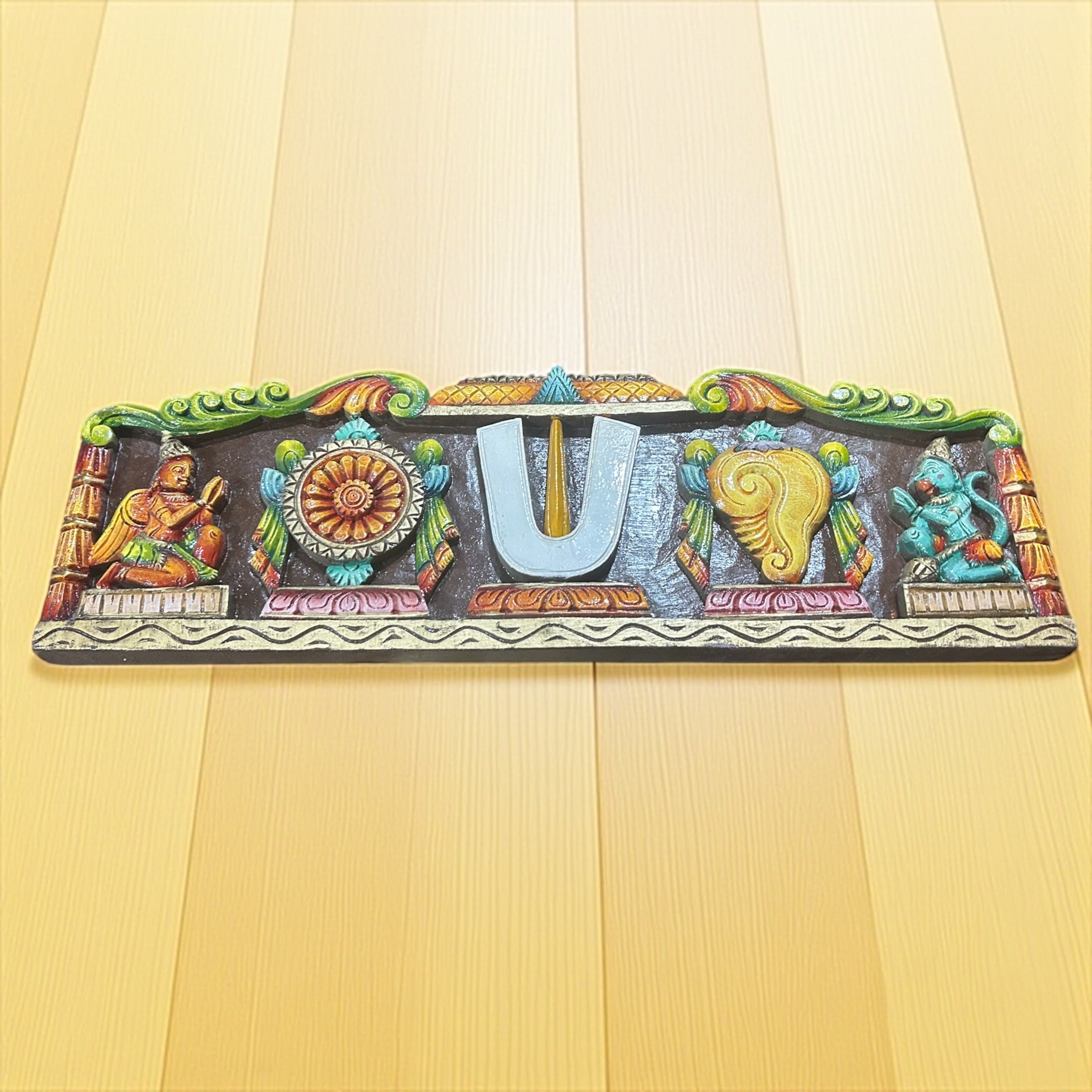 Pure Country Wood Multicolour Vadakalai Thirumankappu Shanku Chakra Garudan Hanuman Sitting Floral Wall Decorative Showpiece 2.5 feet length