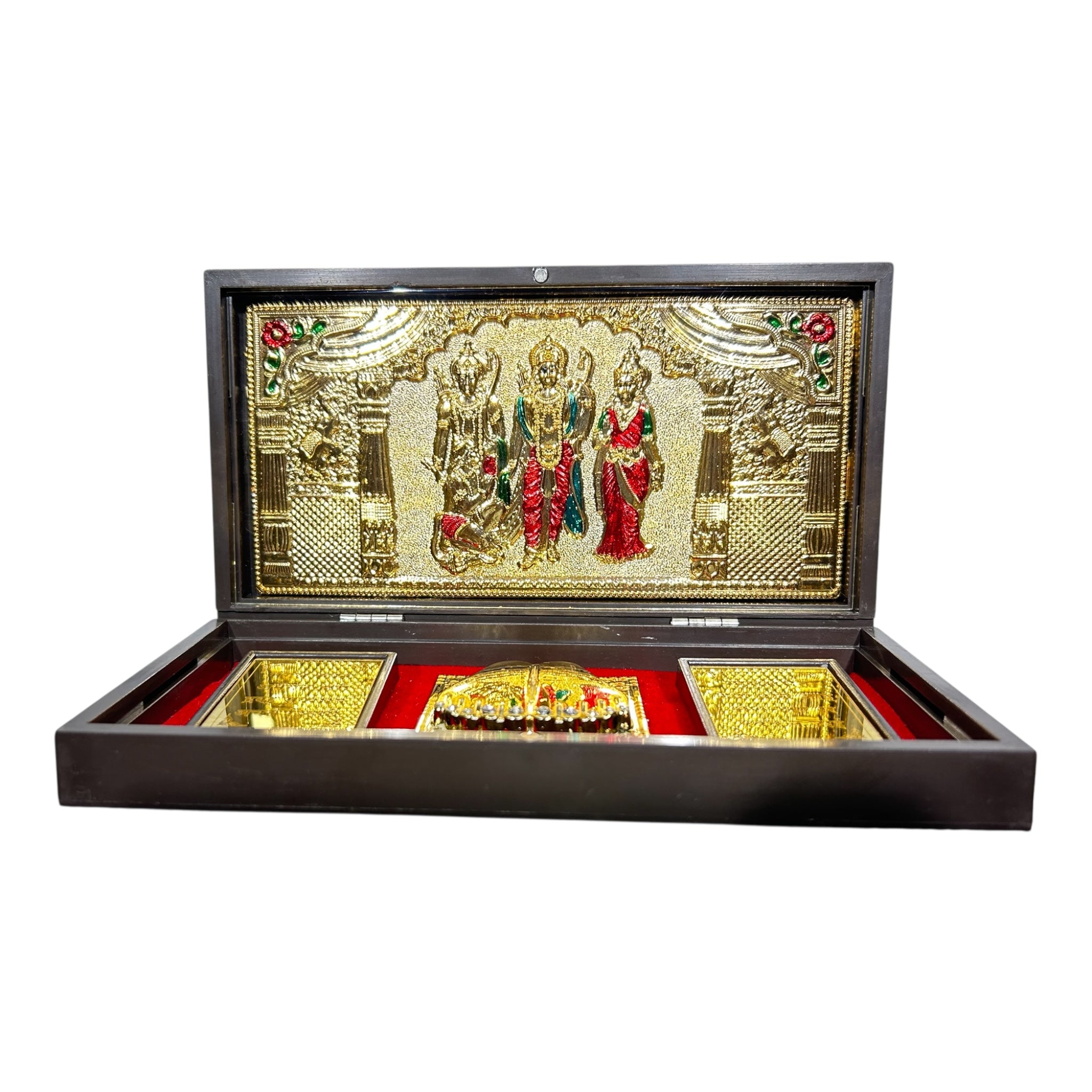 Sri Ram Darbar Red & Gold Foil Charan Padhukas Box size 21 x 11 cms - for corporate gifting & Pooja décor