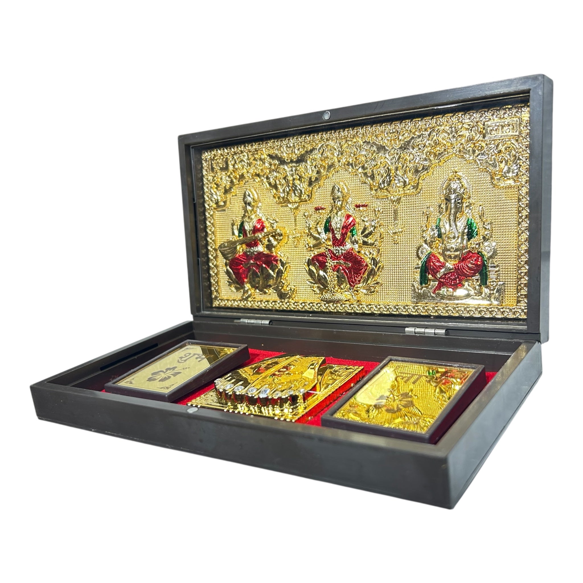 Sri Mahalakshmi  Saraswathi Ganesh Gold foil Charan Padhukas Corporate Gift  Box 21 x 11 cm -Divine  presentation for Auspicious Beginnings & Navratri Celebrations