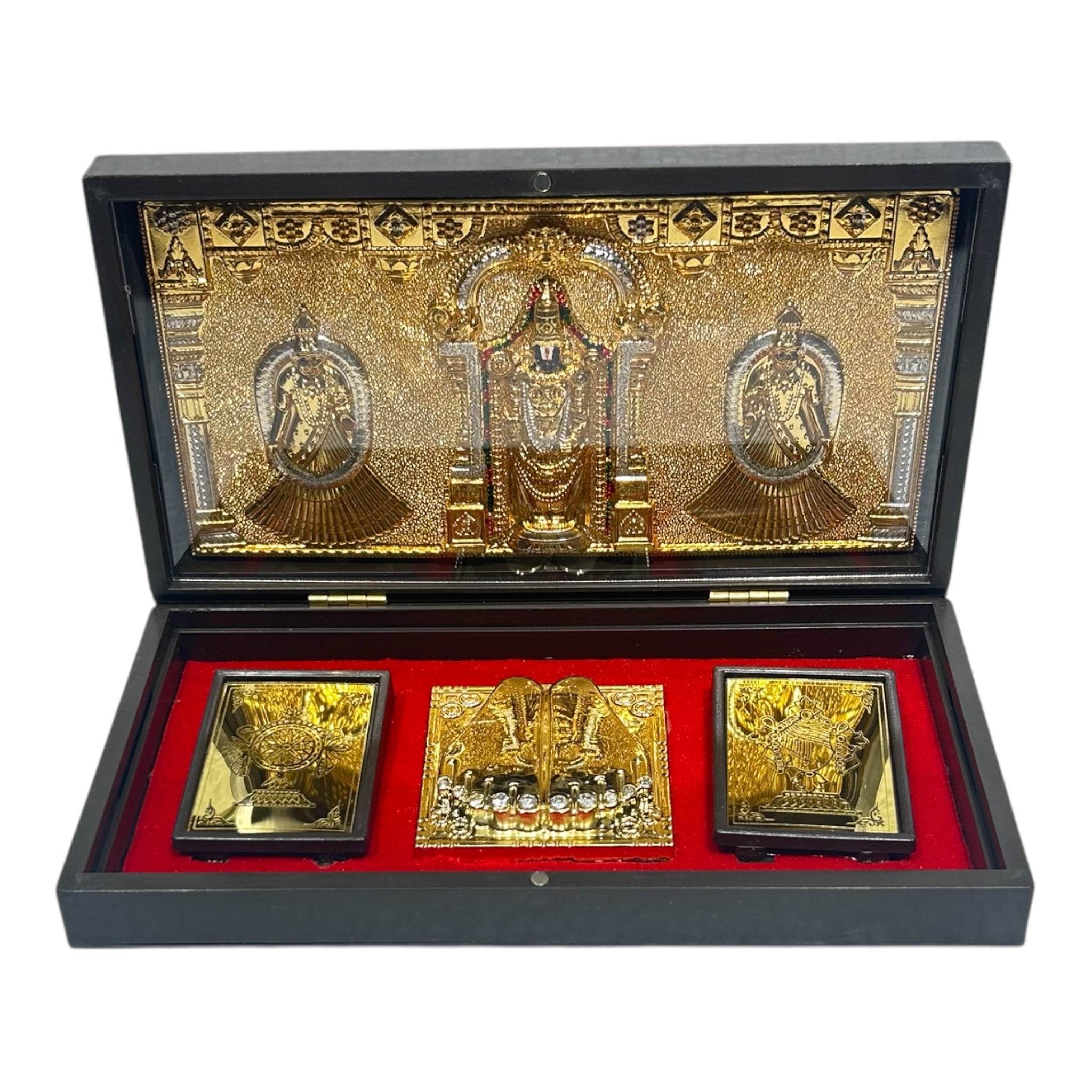 Sri Tirupati Srinivasar Alamelu Padmavathi Gold Foil Charan Padhukas Box  Corporate Gift 21 x 11 cms