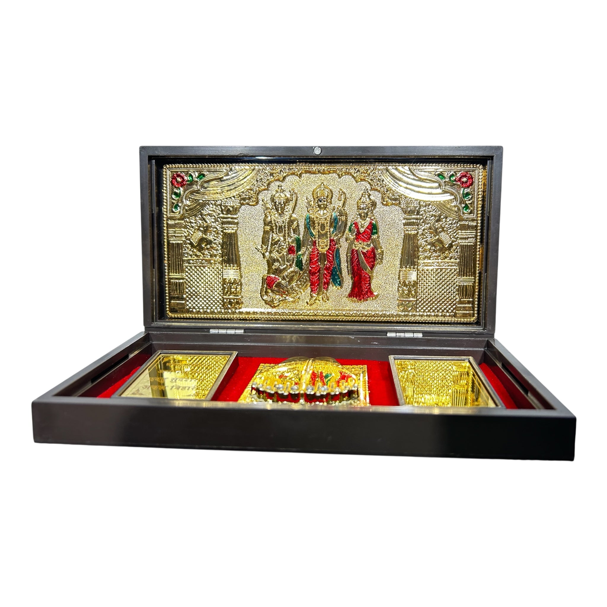 Sri Ram Darbar Red & Gold Foil Charan Padhukas Box size 21 x 11 cms - for corporate gifting & Pooja décor
