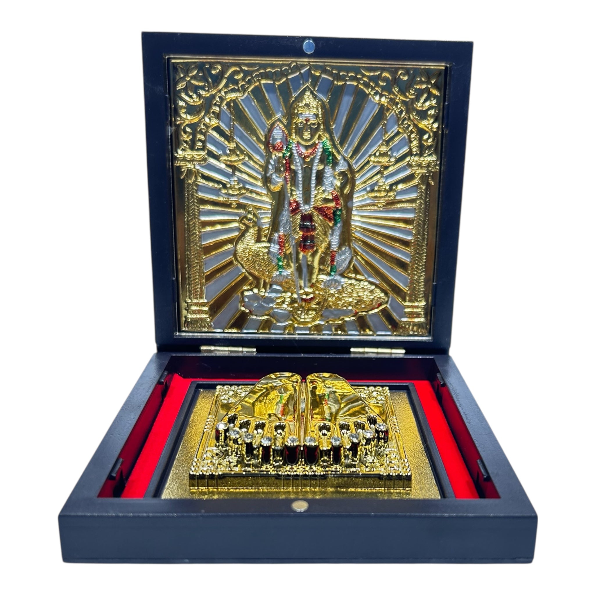 Standing Vel Murugan with Peacock Charan Padhukas in 11x11 cm box for Skanda Shasti Pooja & gifting