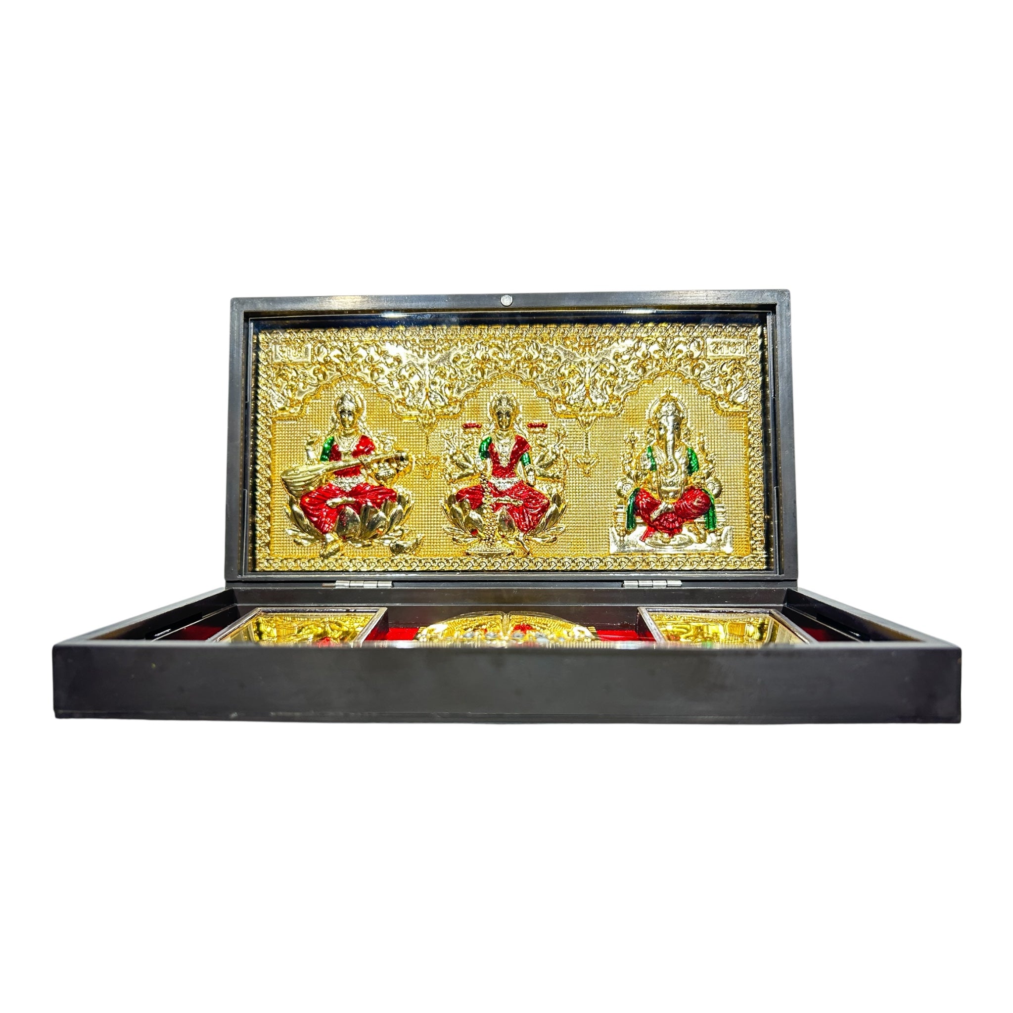 Sri Mahalakshmi  Saraswathi Ganesh Gold foil Charan Padhukas Corporate Gift  Box 21 x 11 cm -Divine  presentation for Auspicious Beginnings & Navratri Celebrations