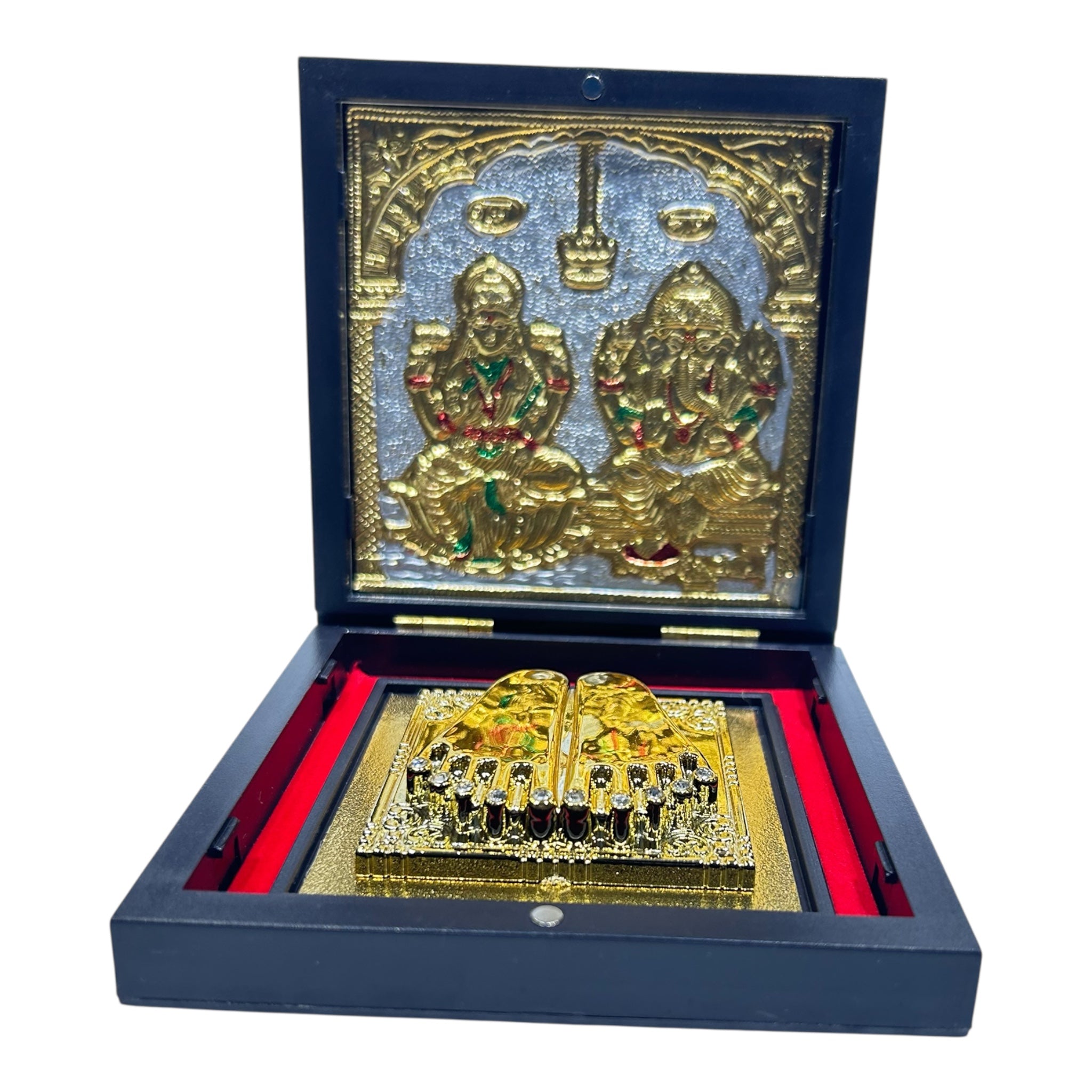 Sri Maha Lakshmi Ganesh Gold Plated Charan Box Corporate Gift 11 x 11 cm - memorable Presentation for religious festivals