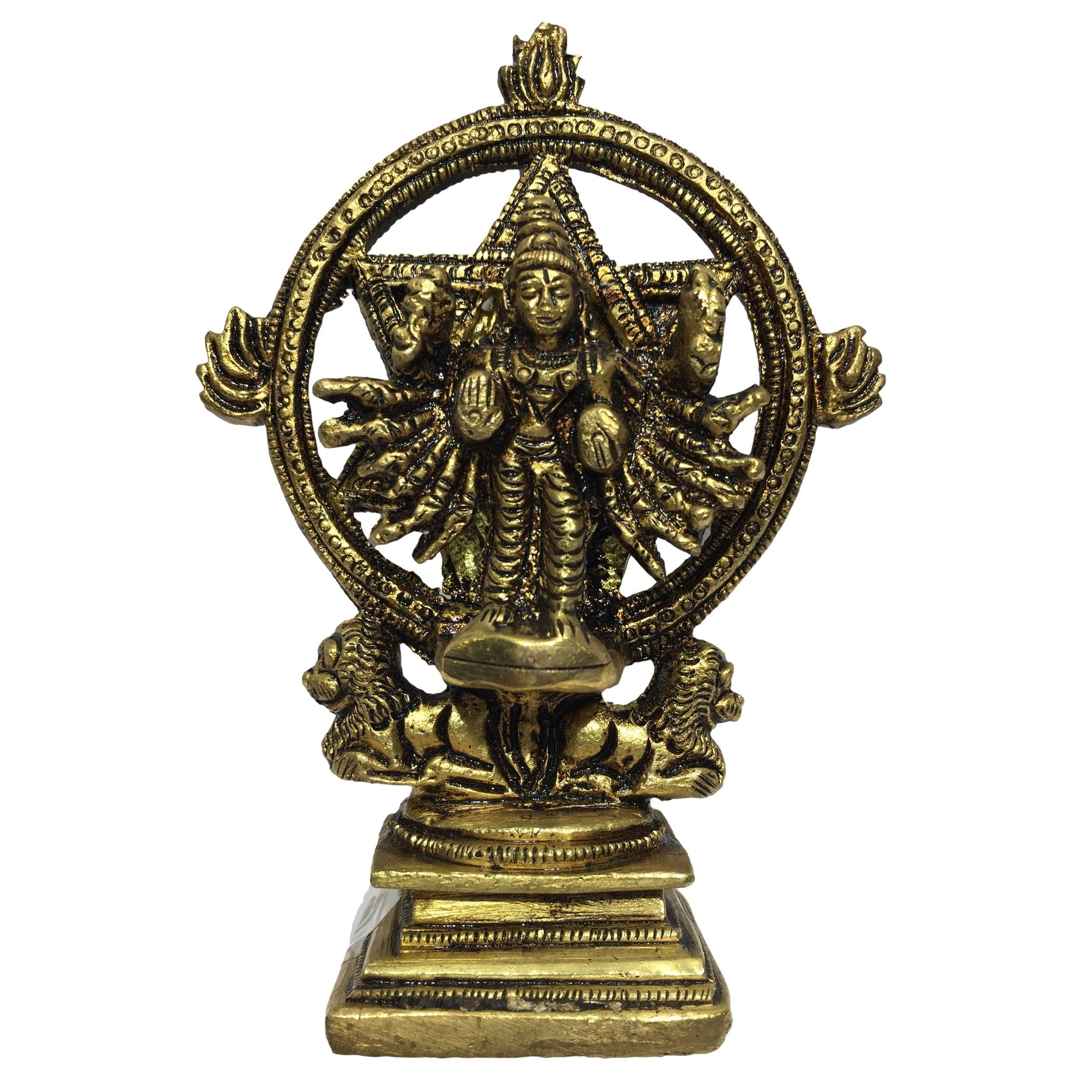 Chakrathazhvar & Yoga Narasimha on Simha Peedam Brass Antique 4.5 Inch - Sri Prarthana