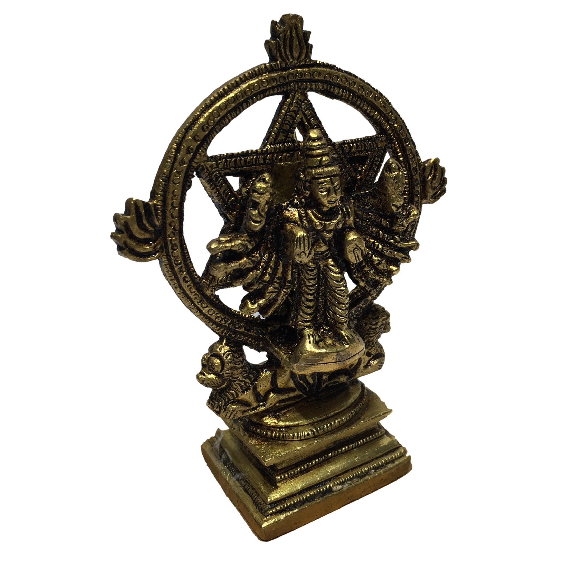 Chakrathazhvar & Yoga Narasimha on Simha Peedam Brass Antique 4.5 Inch - Sri Prarthana