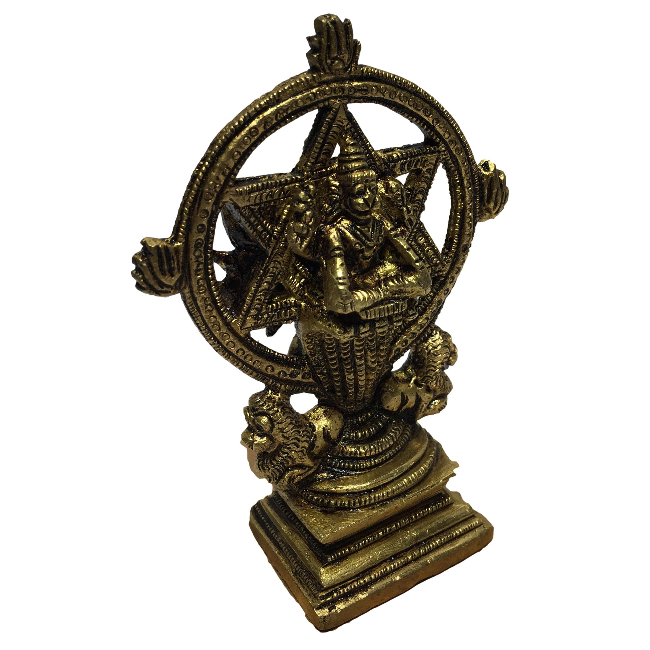 Chakrathazhvar & Yoga Narasimha on Simha Peedam Brass Antique 4.5 Inch - Sri Prarthana