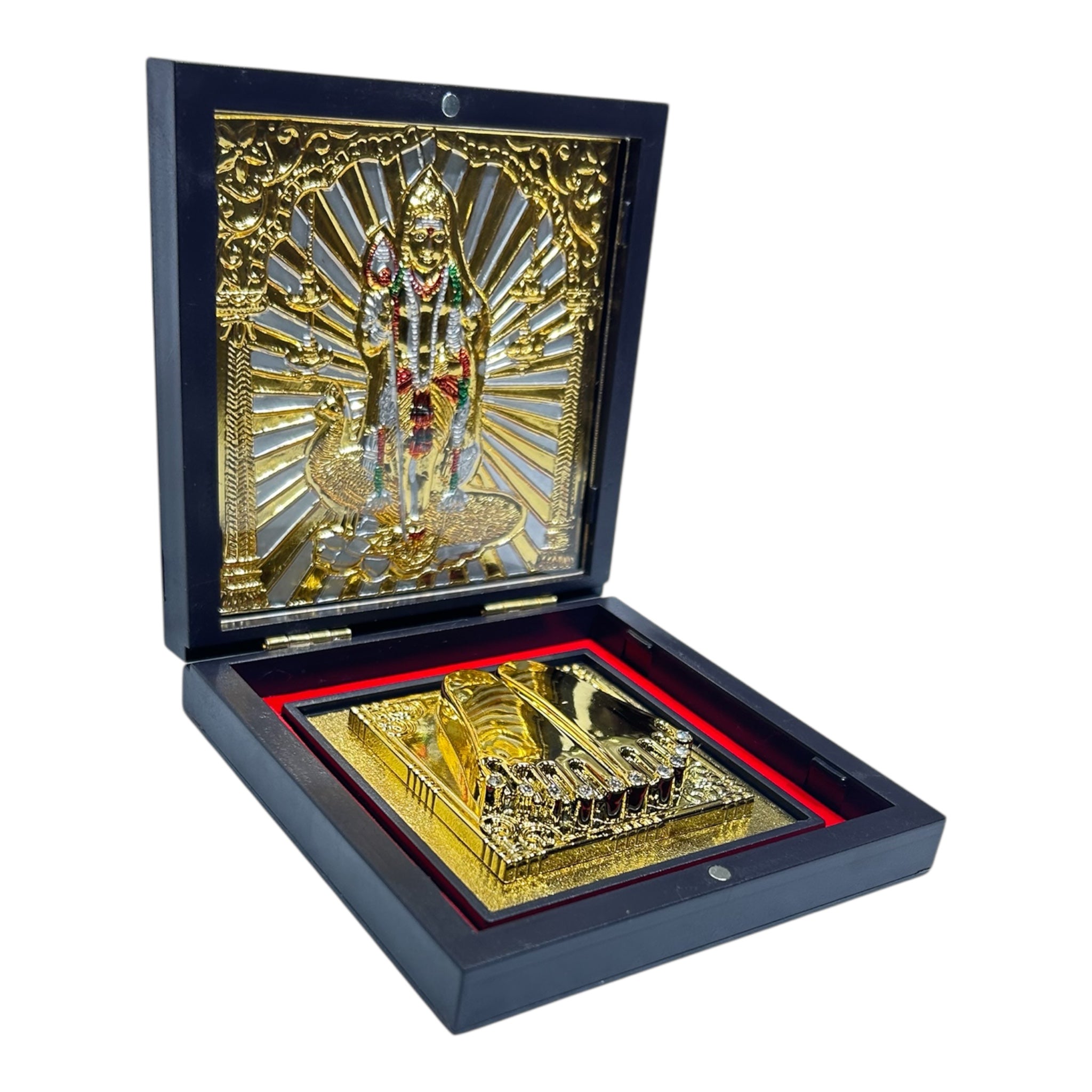 Standing Vel Murugan with Peacock Charan Padhukas in 11x11 cm box for Skanda Shasti Pooja & gifting
