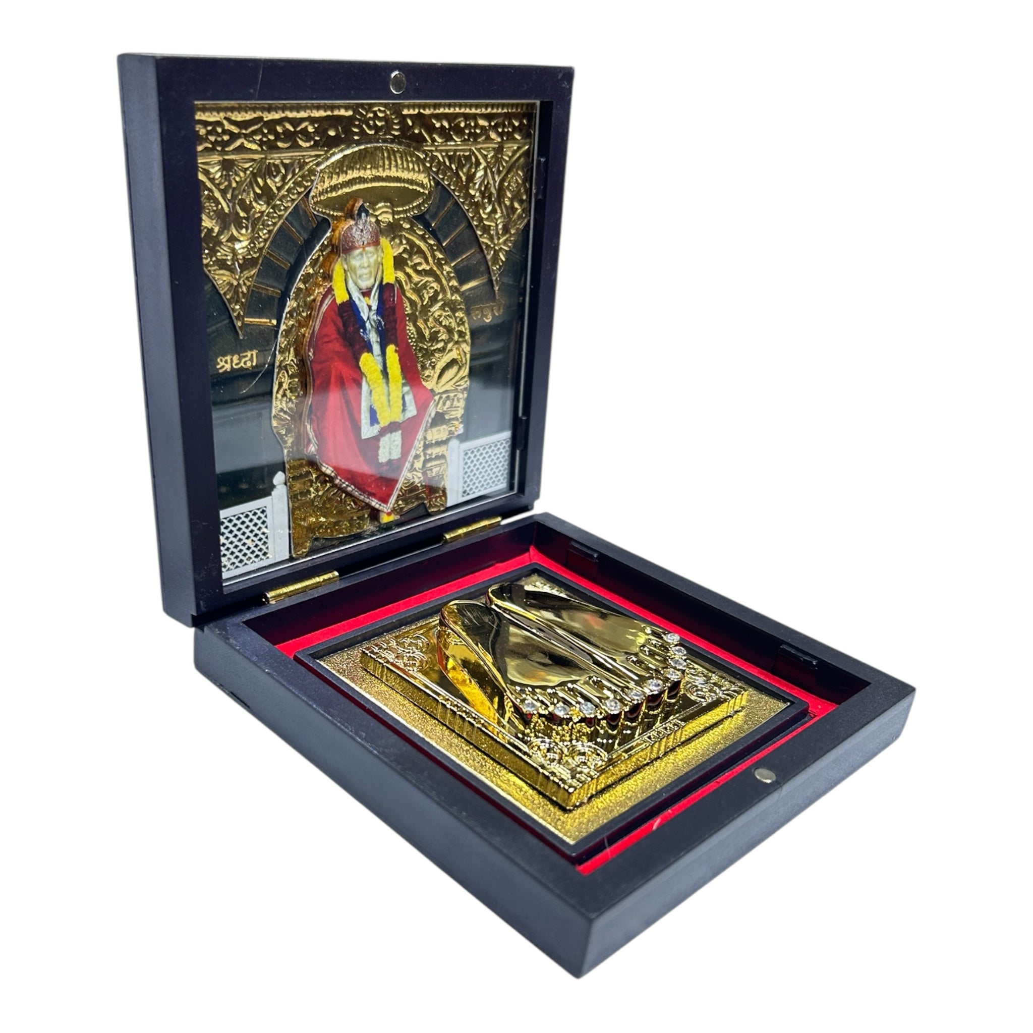 Sai Baba Gold Plated Charan Box Corporate Gift 11 x 11 cms - a compact devotional presentation of Faith and Patience