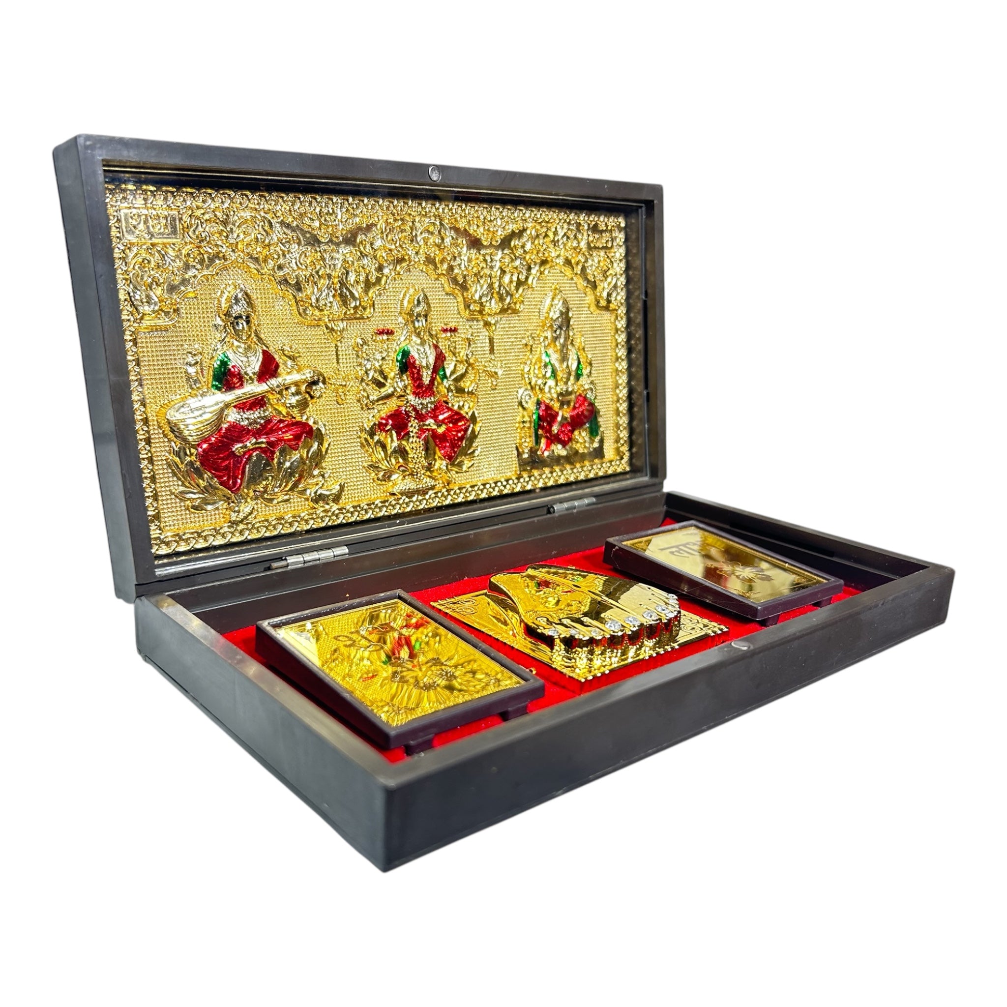 Sri Mahalakshmi  Saraswathi Ganesh Gold foil Charan Padhukas Corporate Gift  Box 21 x 11 cm -Divine  presentation for Auspicious Beginnings & Navratri Celebrations