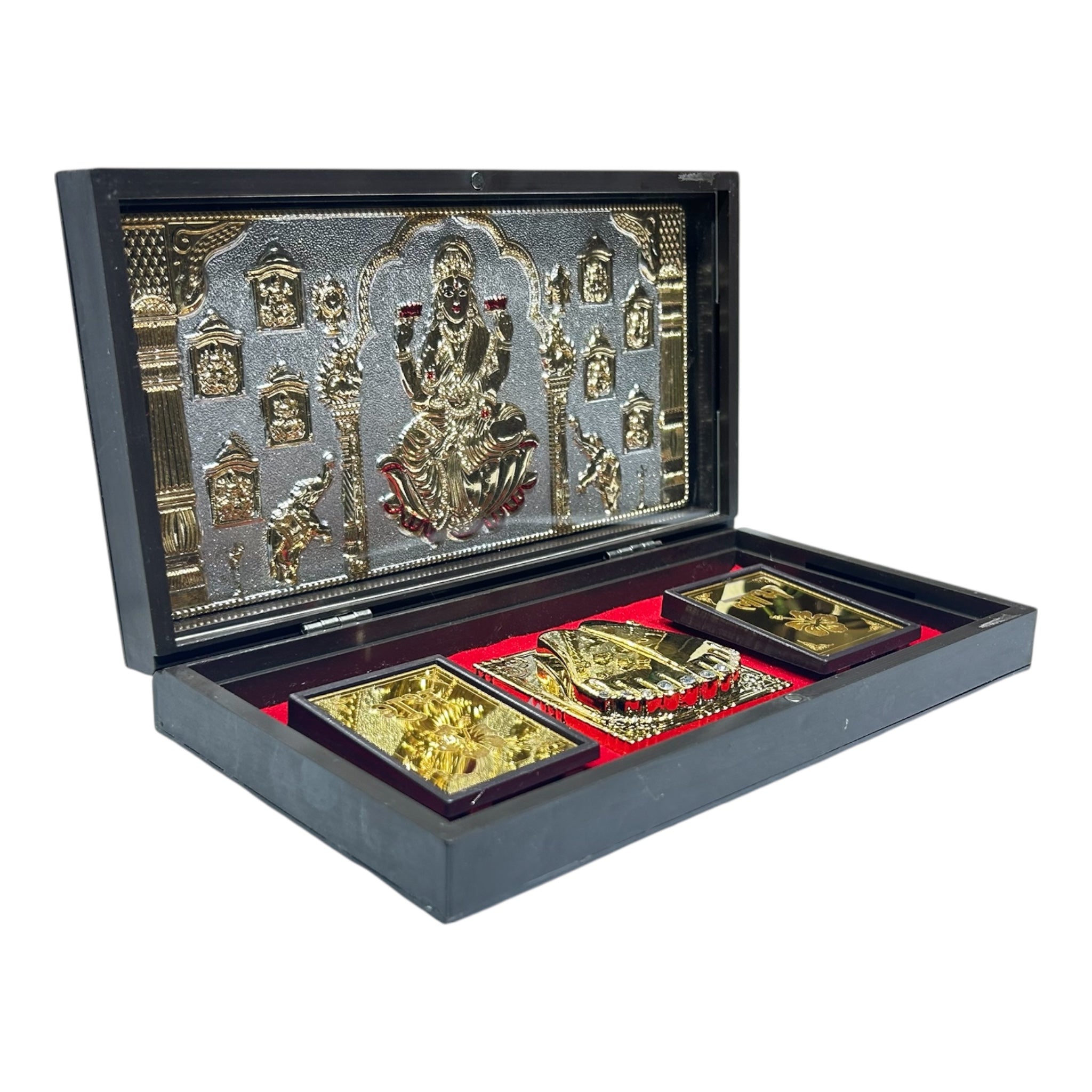 Sri Ashta Lakshmi Mathaji Silver plated  Charan Padhukas Box Corporate Gift 21 x 11 cms - Auspicious devotional presentation