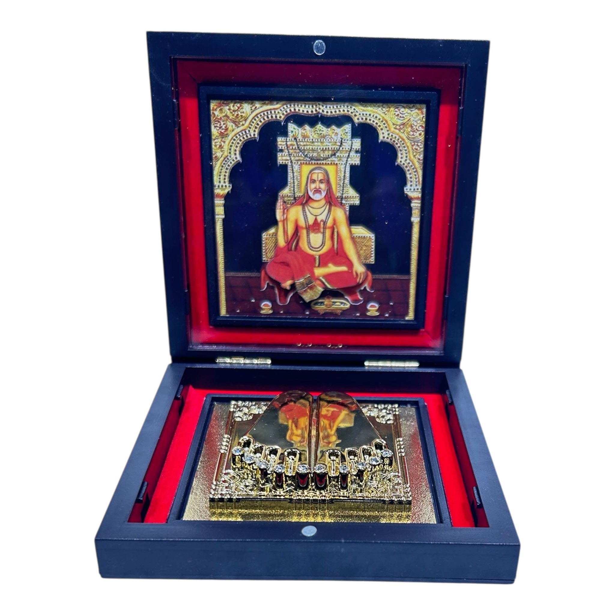 Sacred Charan Padhukas of Guru Raghavendra Swami in 11x11 cm box - divine worship and graceful gifting