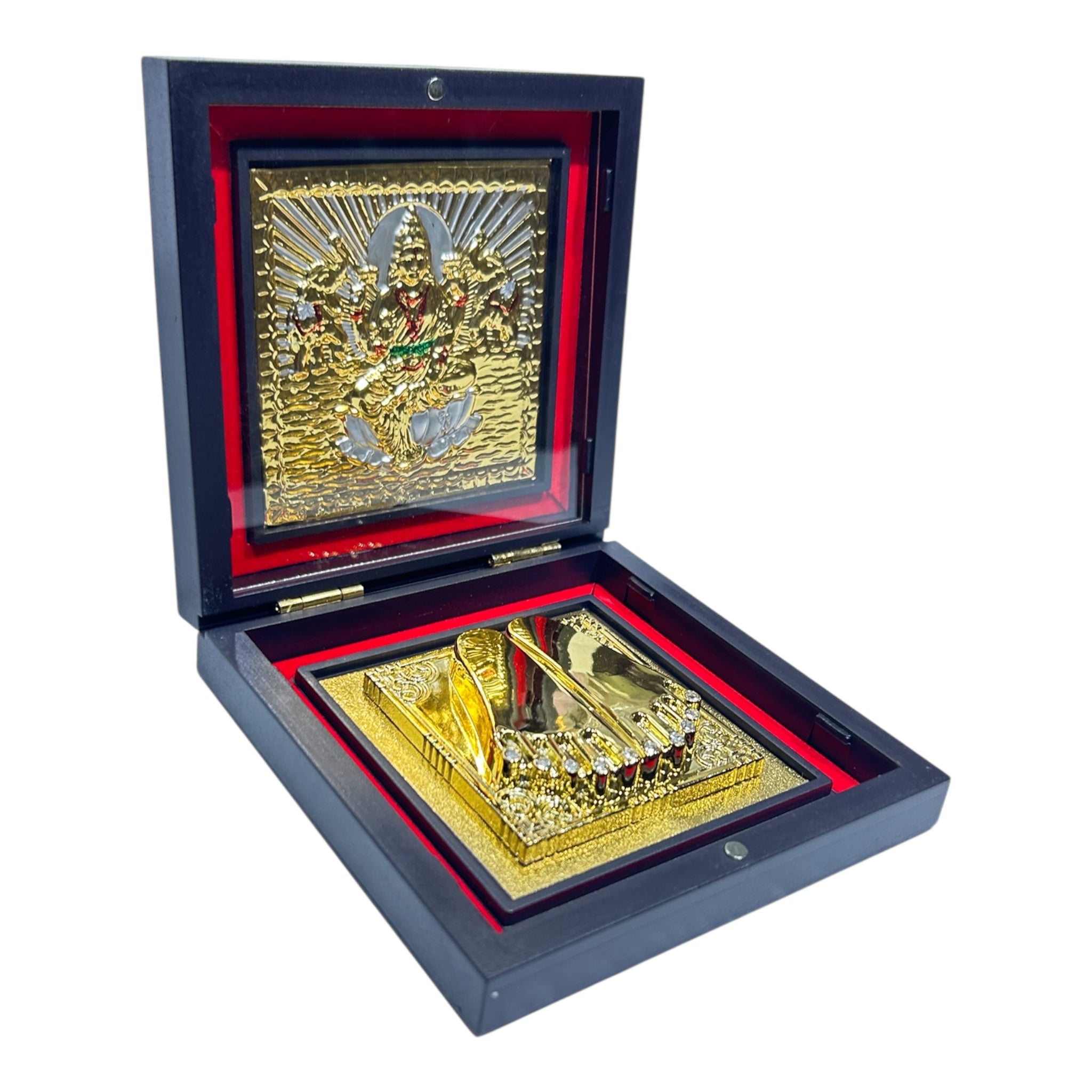 Sri Gala Lakshmi Mathaji Gold Plated Charan Box Corporate Gift 11 x 11 cms - Spiritual Presentation