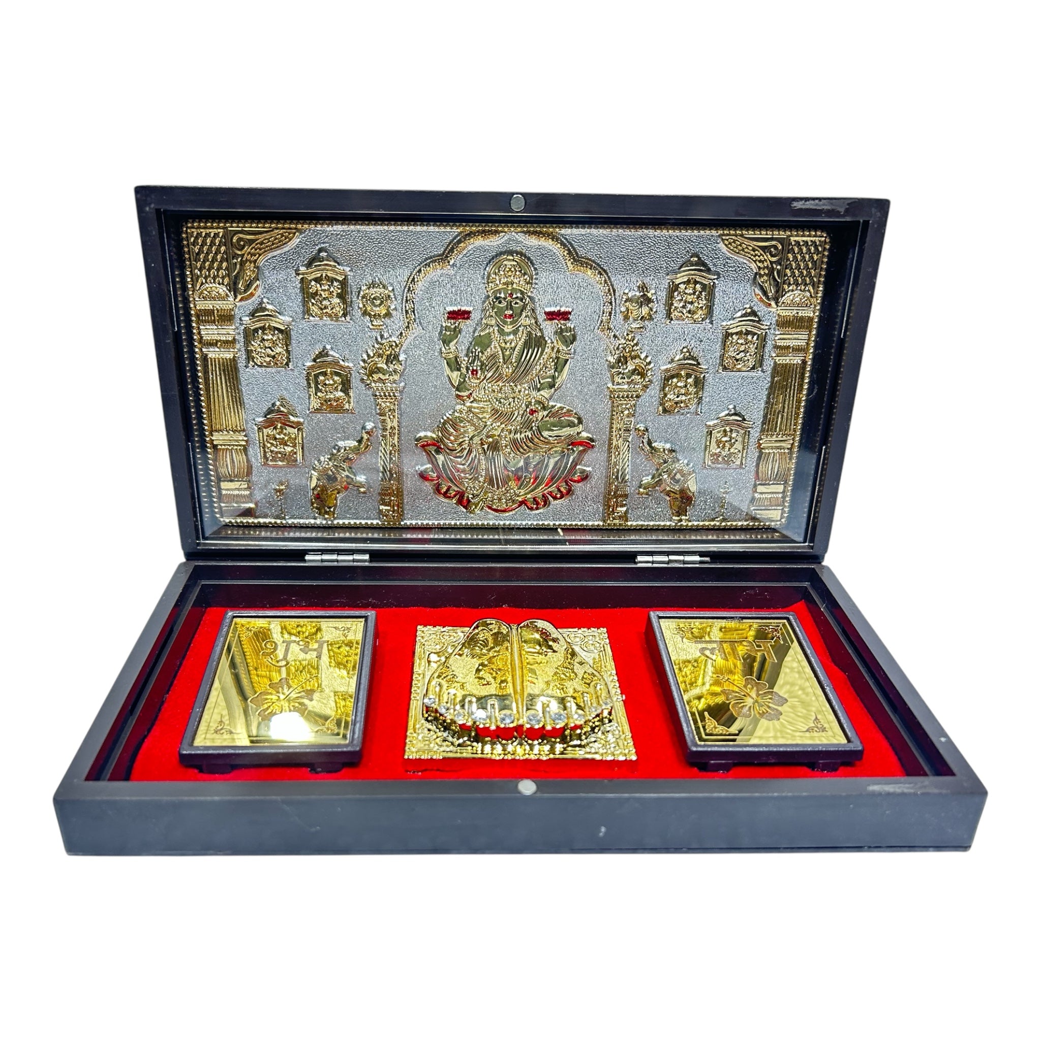 Sri Ashta Lakshmi Mathaji Silver plated  Charan Padhukas Box Corporate Gift 21 x 11 cms - Auspicious devotional presentation