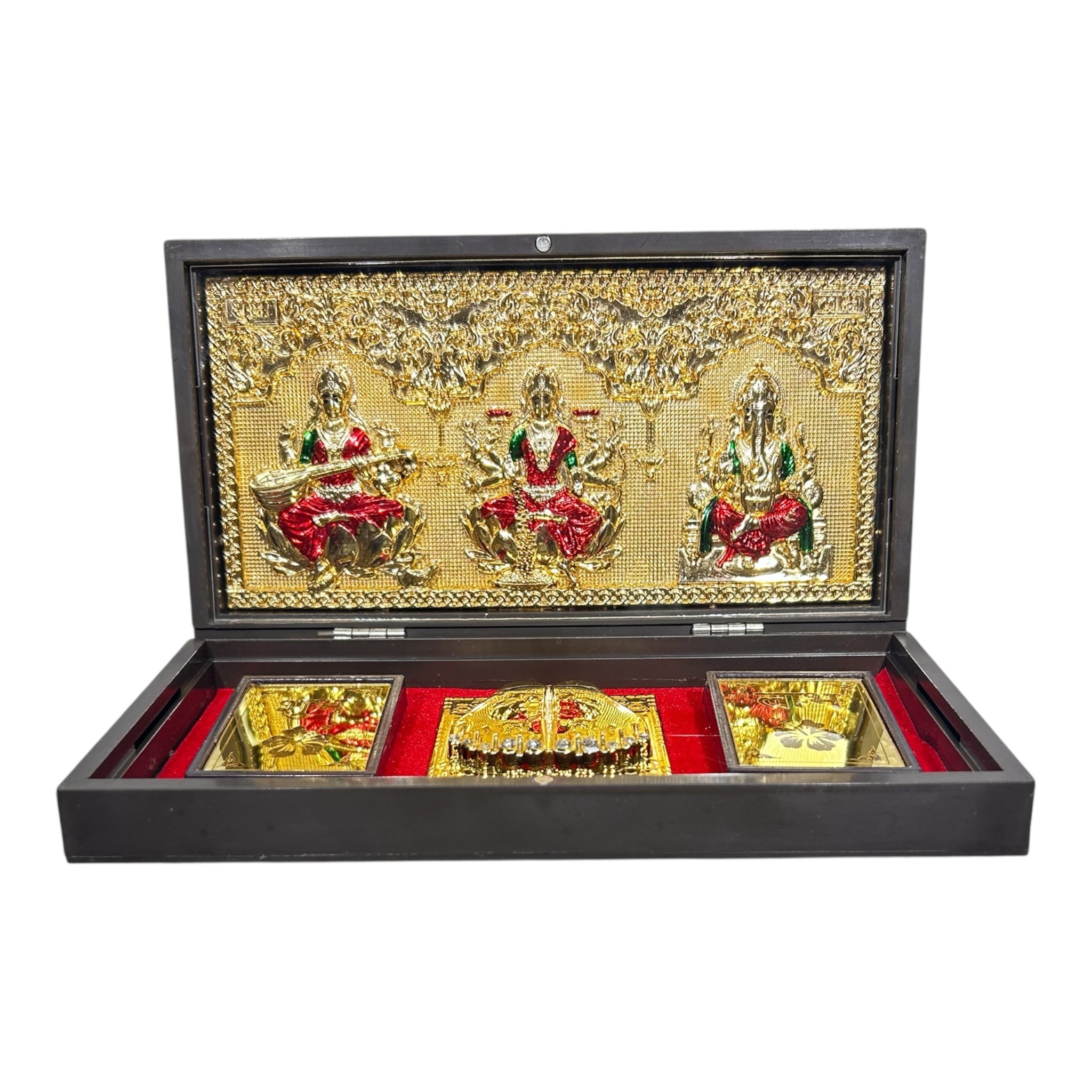 Sri Mahalakshmi  Saraswathi Ganesh Gold foil Charan Padhukas Corporate Gift  Box 21 x 11 cm -Divine  presentation for Auspicious Beginnings & Navratri Celebrations