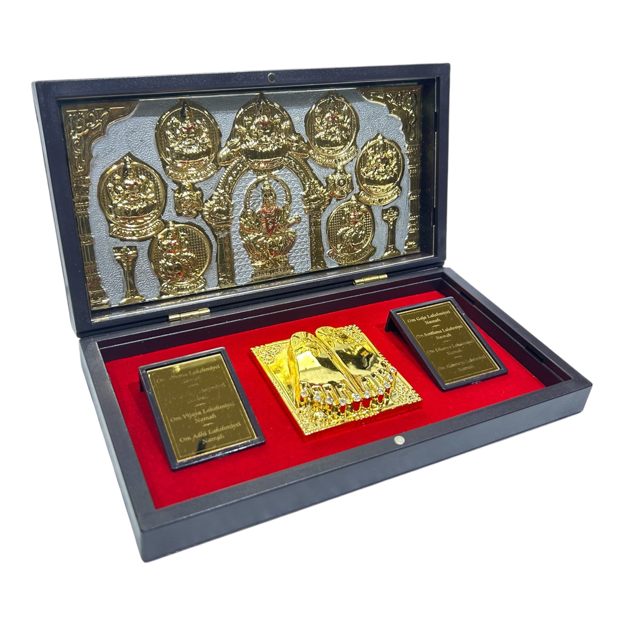 Sri Ashta Lakshmi Mathaji Gold Plated Charan Padhukas Box Corporate Gift 21 x 11 cms - Radiant and devotional presentation