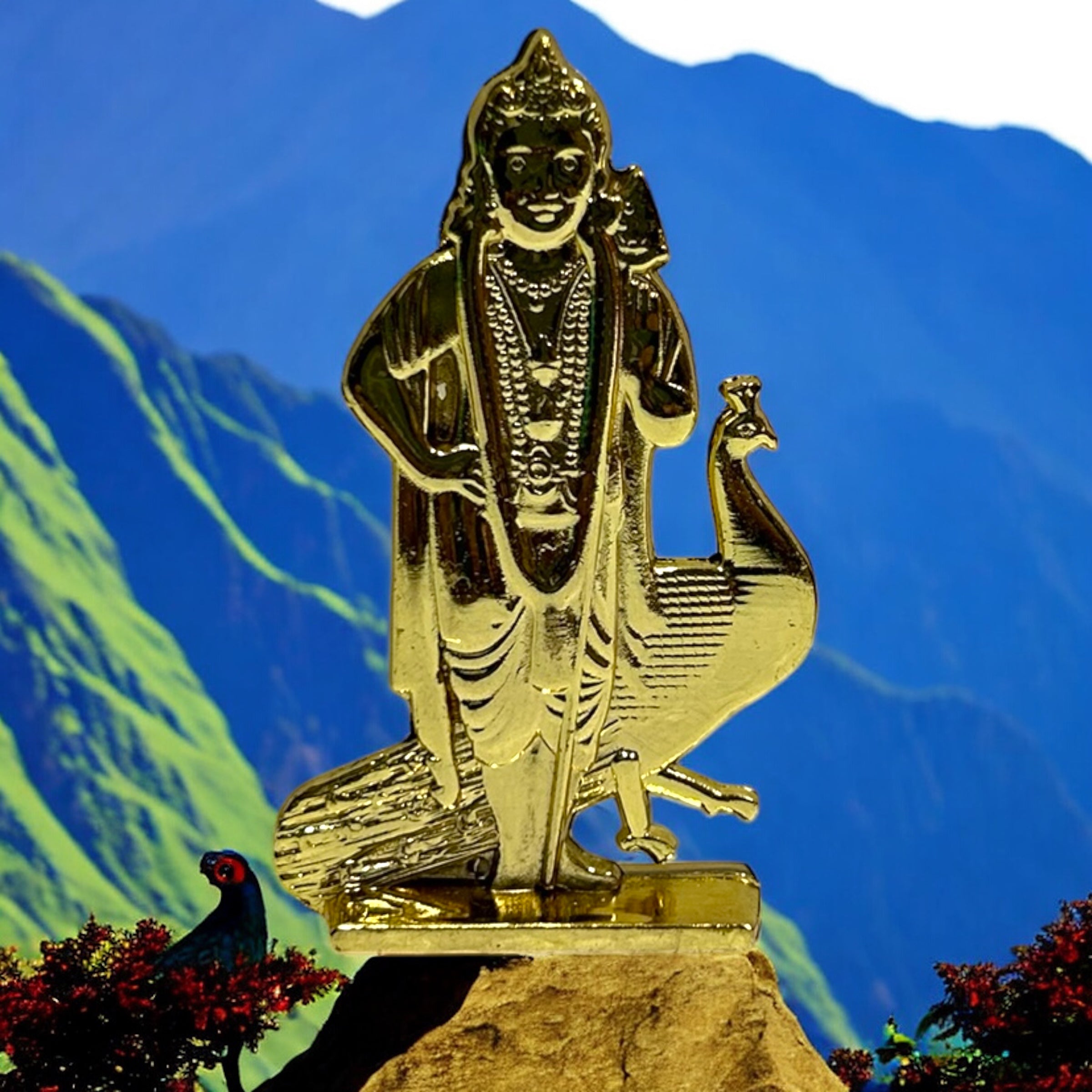 Peacock Vel Murugan Car Dashboard Idol Golden & Multicolour Decorative Stand for Home & Office வேல் மயில் முருகன் கார் பொம்மை