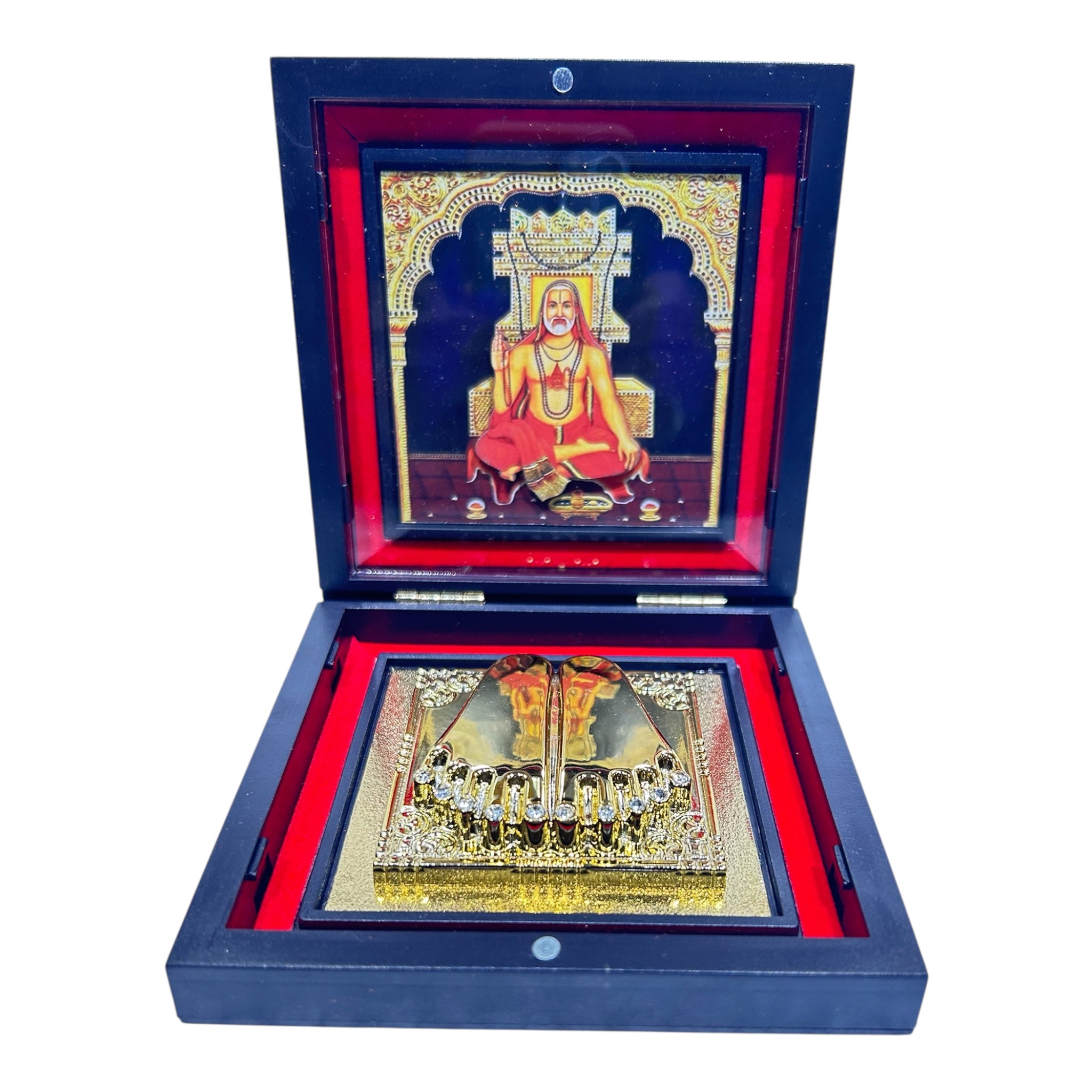 Sacred Charan Padhukas of Guru Raghavendra Swami in 11x11 cm box - divine worship and graceful gifting
