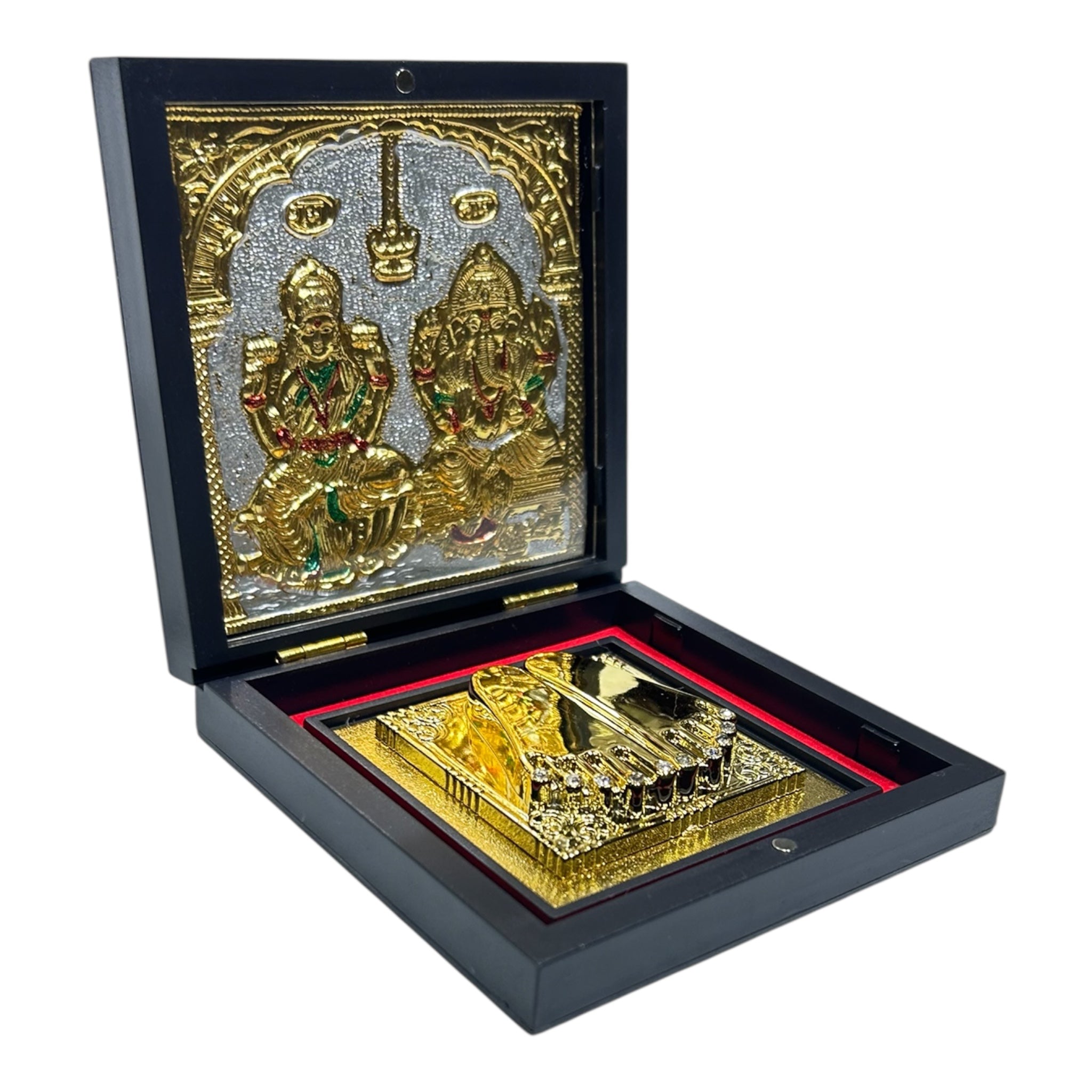 Sri Maha Lakshmi Ganesh Gold Plated Charan Box Corporate Gift 11 x 11 cm - memorable Presentation for religious festivals