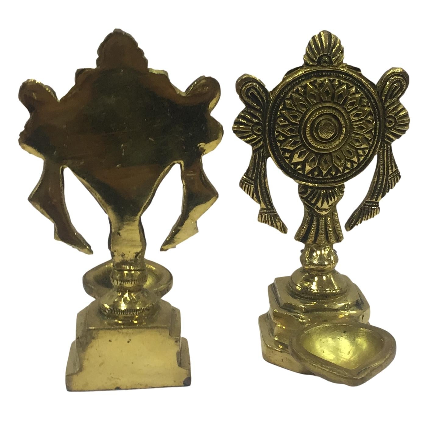 Golden Brass Shankha Chakra Ghee Vilaku Set with single flame Stand Pooja Decorative Deepak-with ghee lamp