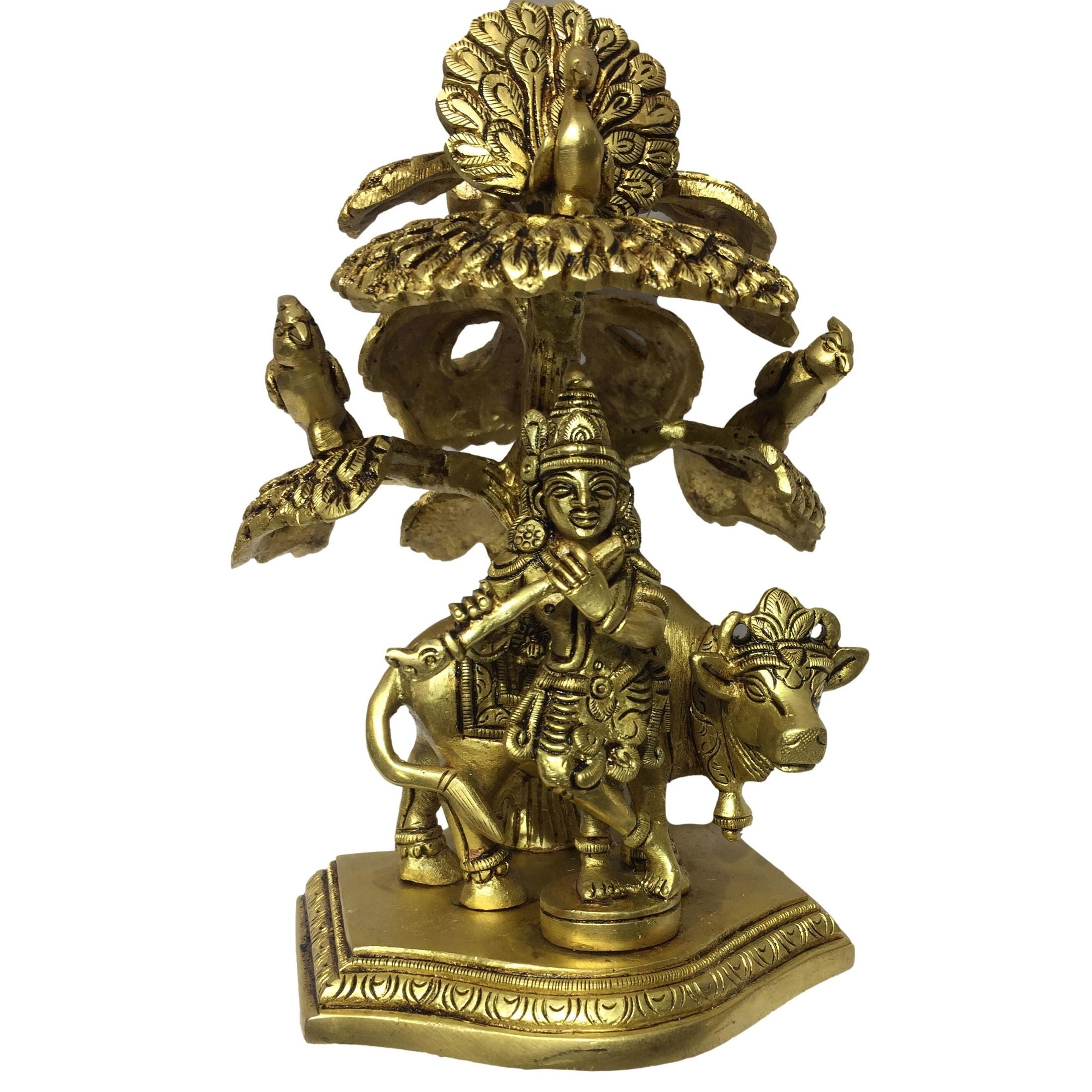 Flute Krishna under Tree with Cow, Peacock, Parrots Brass Antique Figurine 6.5 Inch - Sri Prarthana