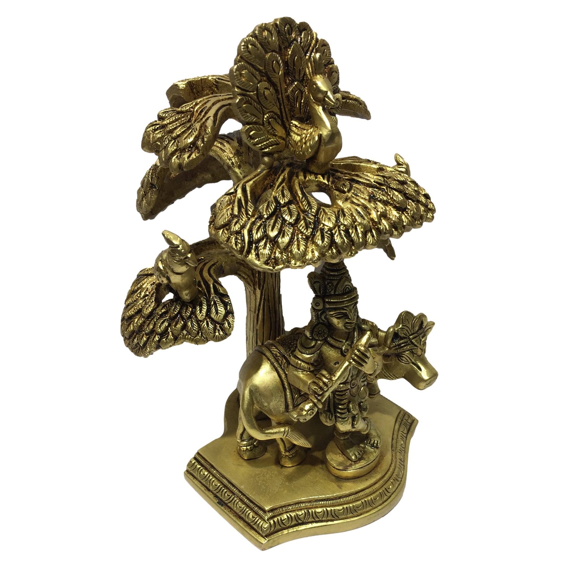 Flute Krishna under Tree with Cow, Peacock, Parrots Brass Antique Figurine 6.5 Inch - Sri Prarthana