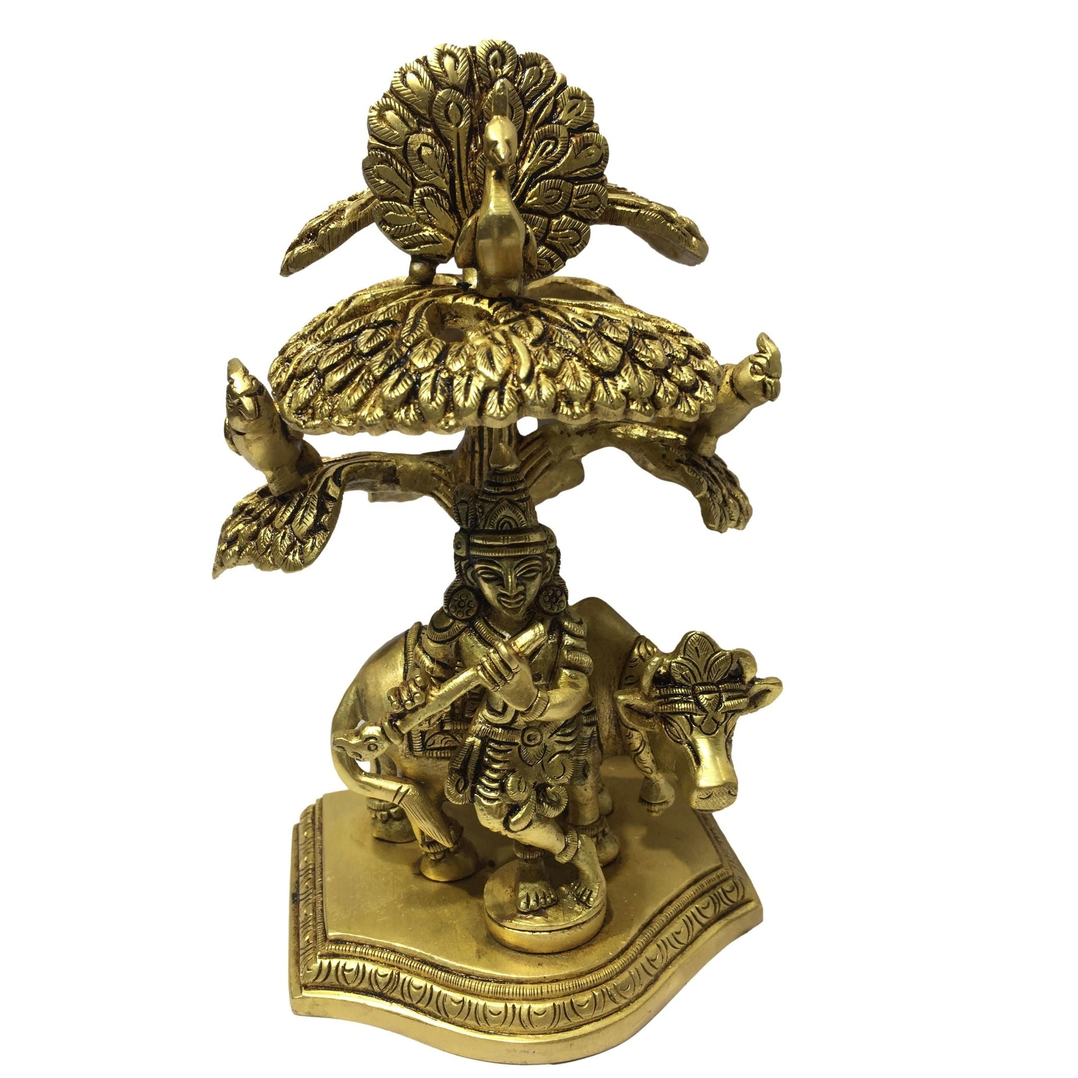 Flute Krishna under Tree with Cow, Peacock, Parrots Brass Antique Figurine 6.5 Inch - Sri Prarthana