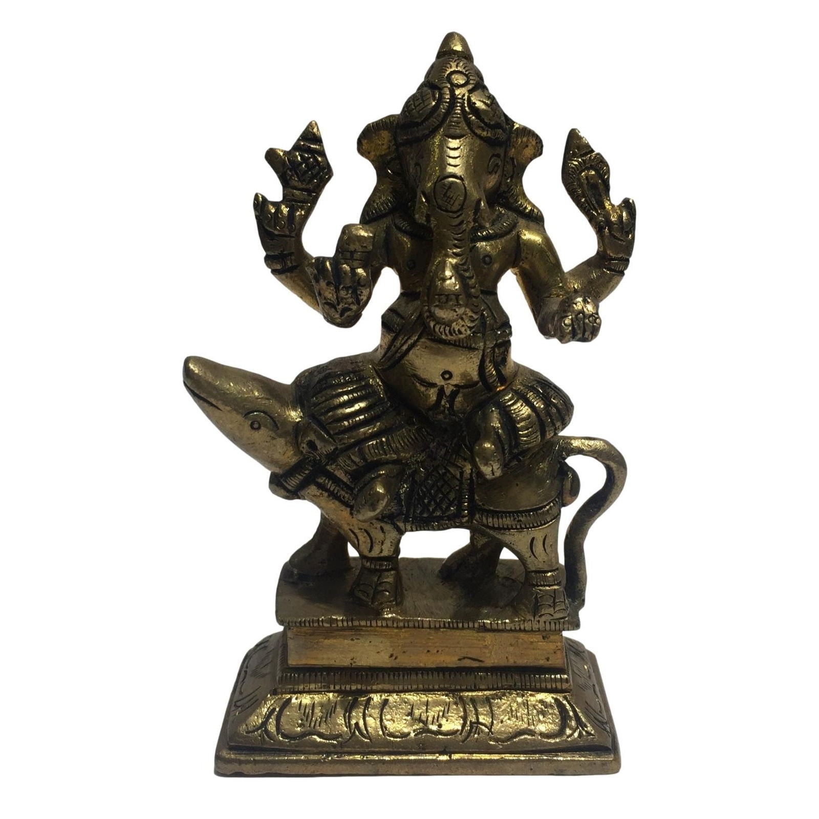 Ganesh on Mooshika Brass Antique 5 inch - Sri Prarthana