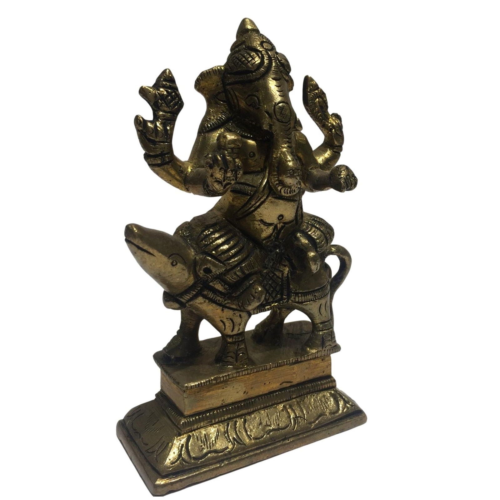 Ganesh on Mooshika Brass Antique 5 inch - Sri Prarthana