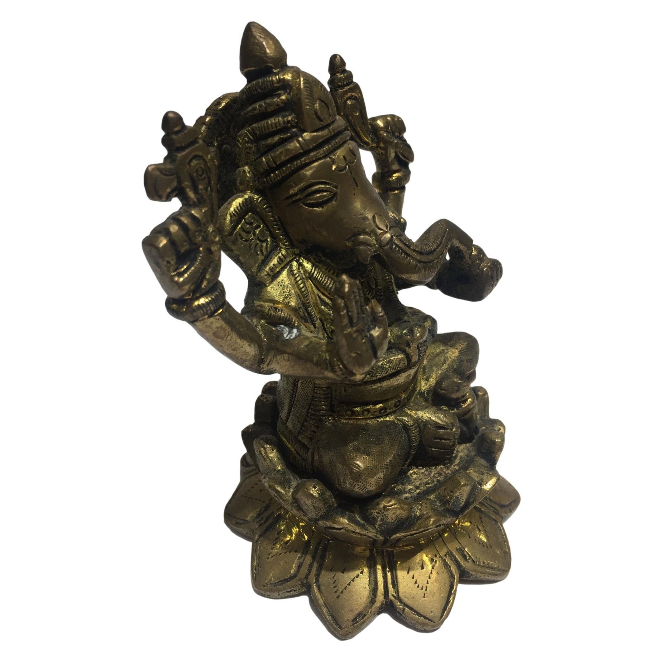 Ganesh seated on Kamal Brass Antique 4.5 inch - Sri Prarthana