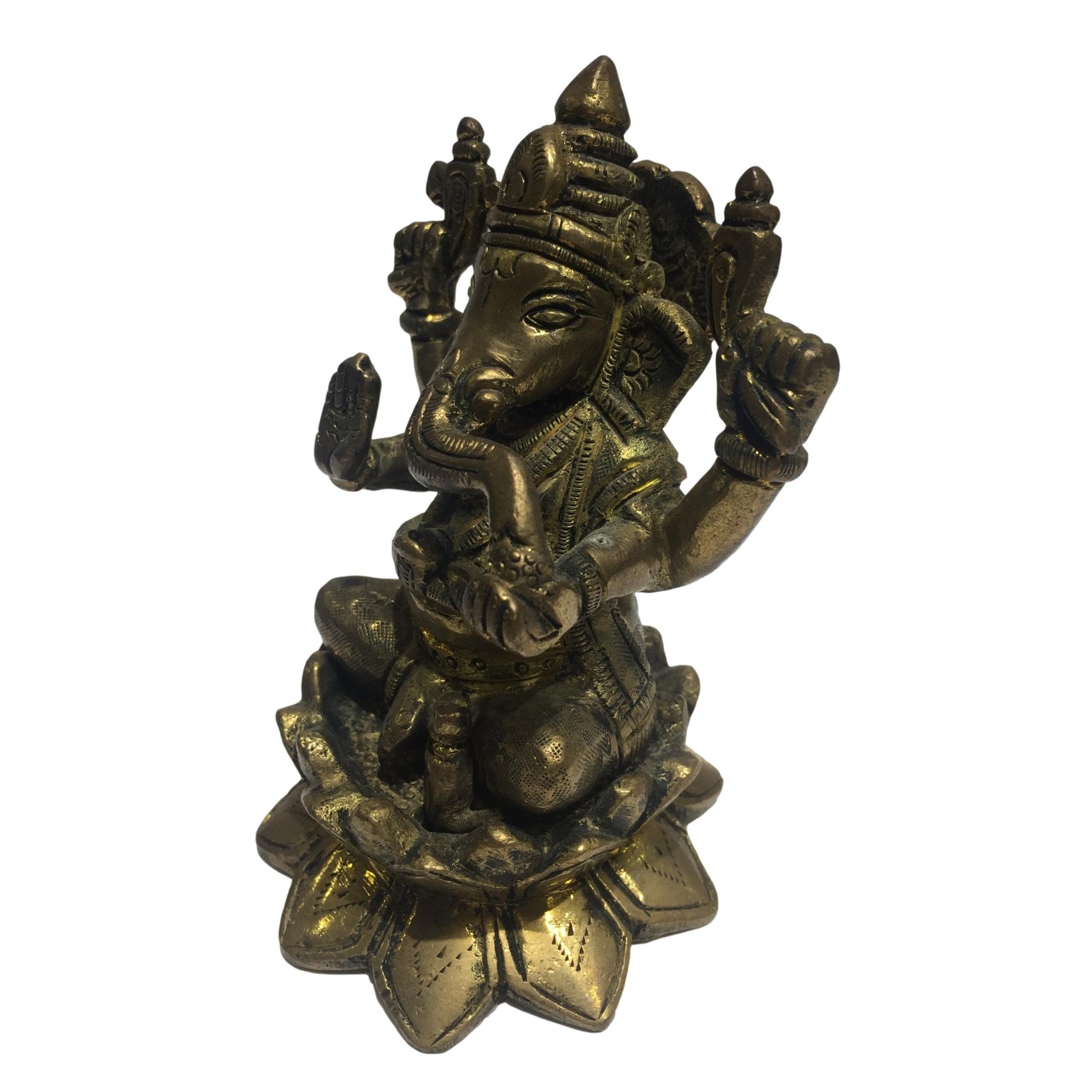 Ganesh seated on Kamal Brass Antique 4.5 inch - Sri Prarthana