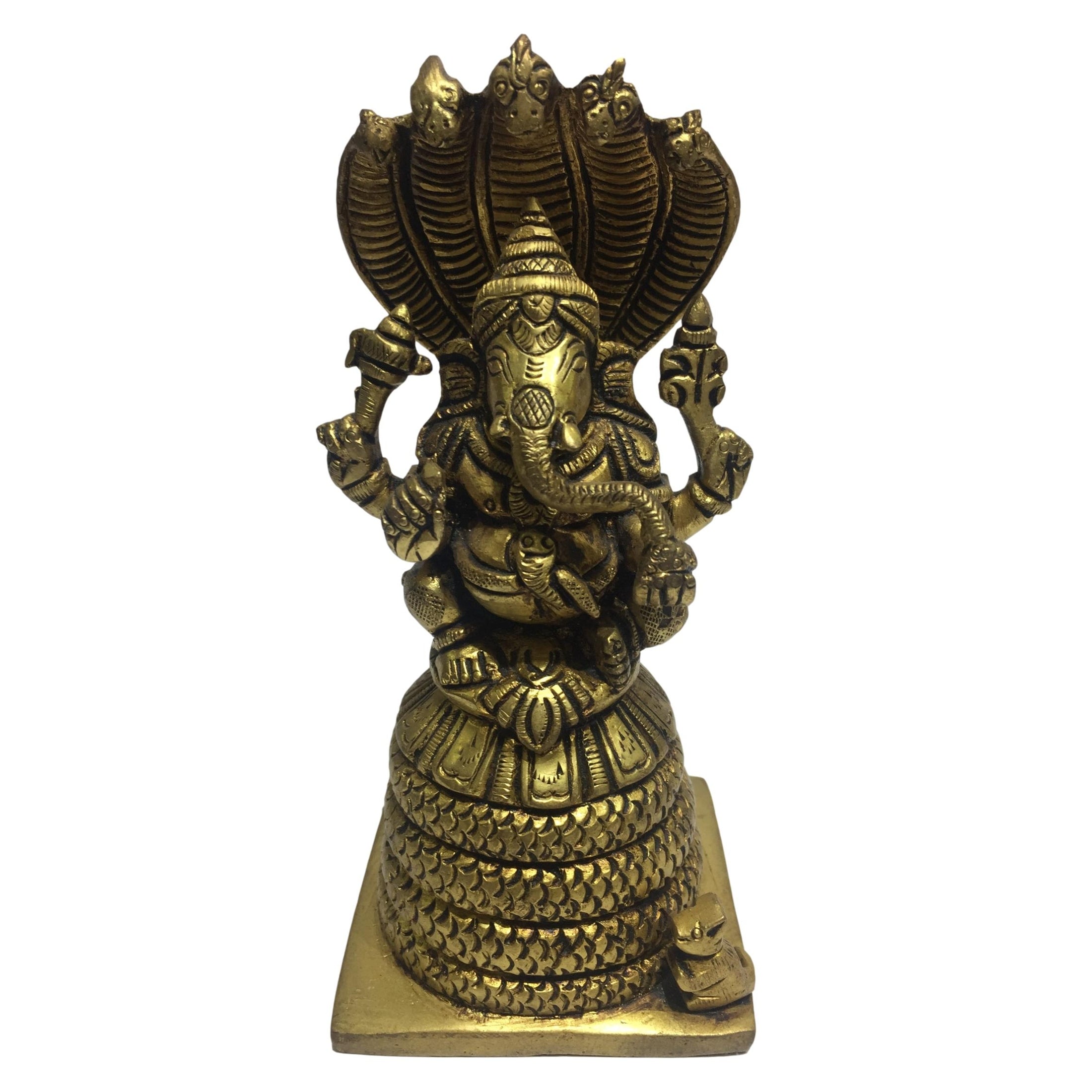 Ganesh seated on Naga Peedam Brass Antique 5.5 inch - Sri Prarthana