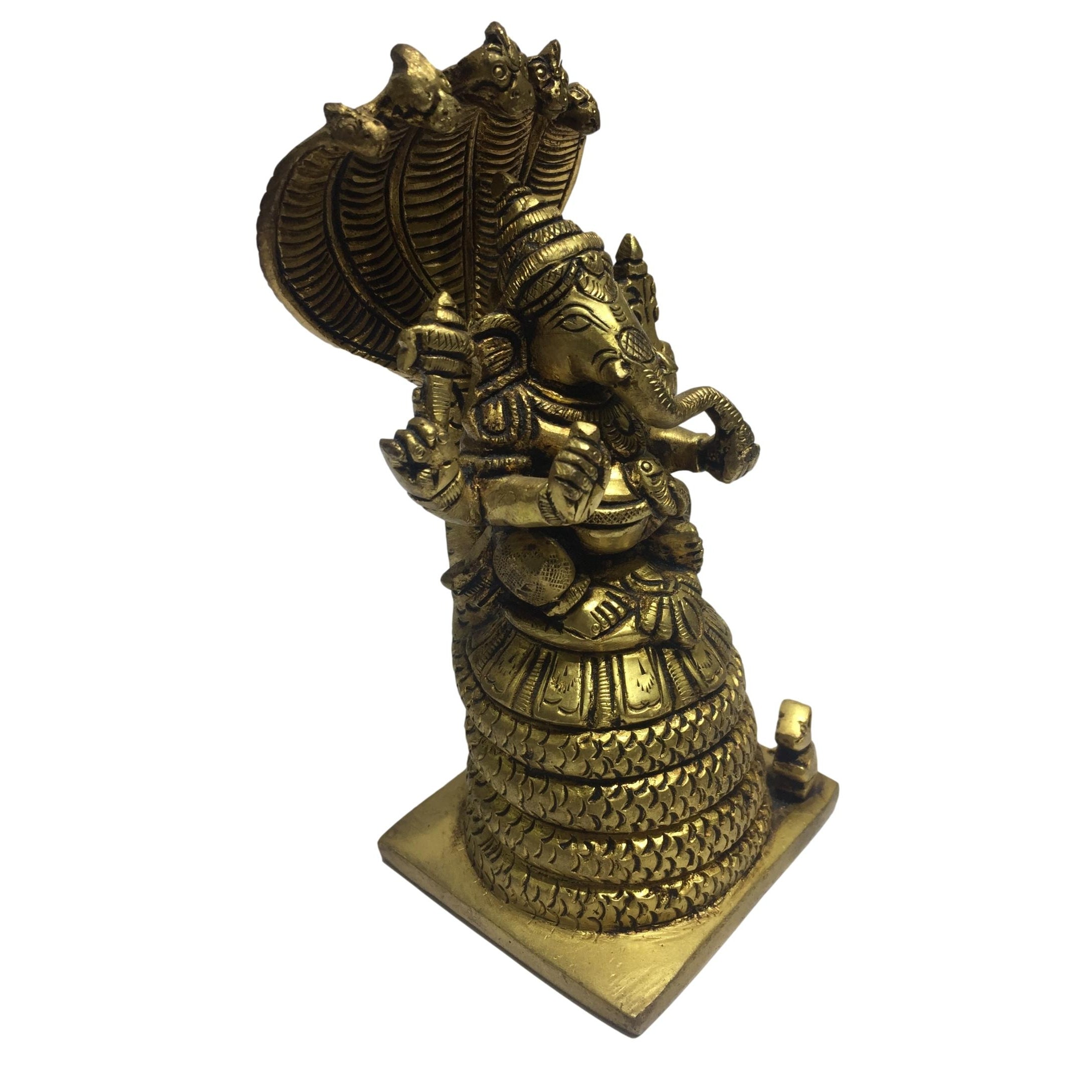 Ganesh seated on Naga Peedam Brass Antique 5.5 inch - Sri Prarthana