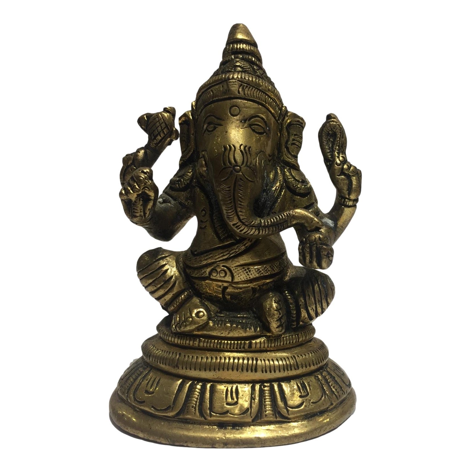 Ganesh sitting on Round Dais Brass Antique 3 Inch - Sri Prarthana