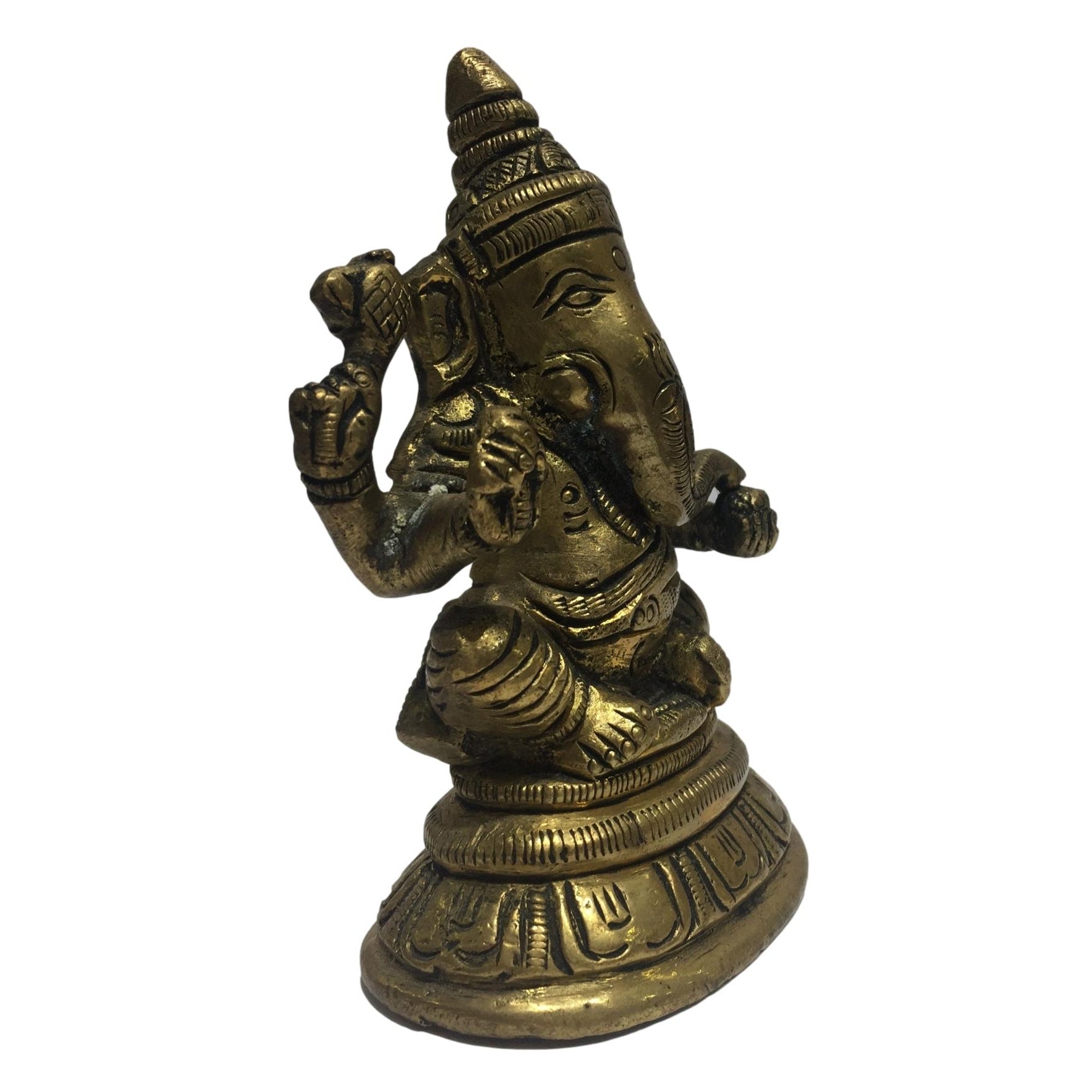 Ganesh sitting on Round Dais Brass Antique 3 Inch - Sri Prarthana