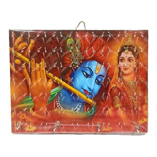 Flute Krishna with Radha Rani 4 Hooks 3D Wooden Key Holder / Radhe Shyam Wooden Key Holder / Radha Madhav Key Stand size 6 x 8 inch