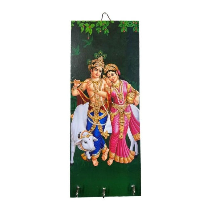 Standing Radha Krishna with Goumatha Wooden Key Holder 3 hooks