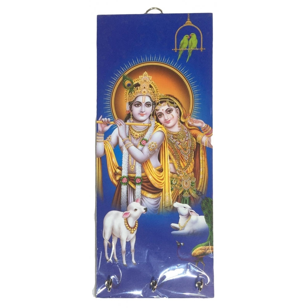 Radha Krishna Cow and Calf Wooden Key Holder 3 hooks