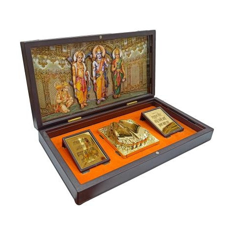 Multicolour Sri Ram Parivar inside Gold Plated Charan Padhuka Box Corporate Gift 21 x 11 cms