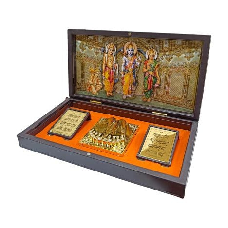 Multicolour Sri Ram Parivar inside Gold Plated Charan Padhuka Box Corporate Gift 21 x 11 cms