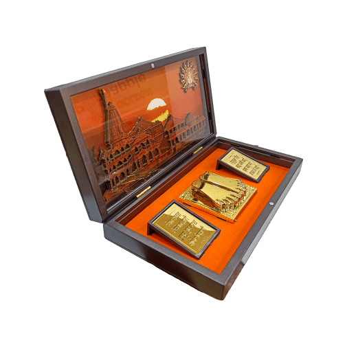 Sooryavamshi Sri Ram Ayodya Mandir inside Gold Plated Charan Padhuka Box Corporate Gift 21 x 11 cms