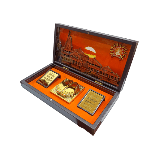 Sooryavamshi Sri Ram Ayodya Mandir inside Gold Plated Charan Padhuka Box Corporate Gift 21 x 11 cms