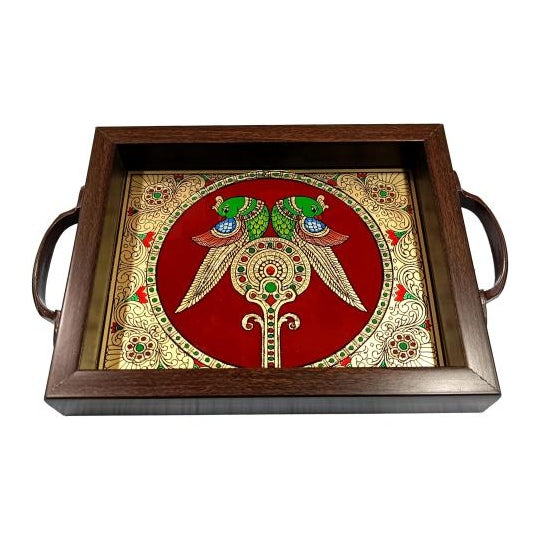 Traditional Tanjore style painting Pair of Parrots Tamboolam Tray size 6 & 8 inch height