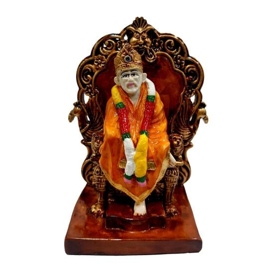 Sai Baba on Simhasan Multicolour Marble Dust Idol Pooja Ghar Decorative Showpiece 5 Inch