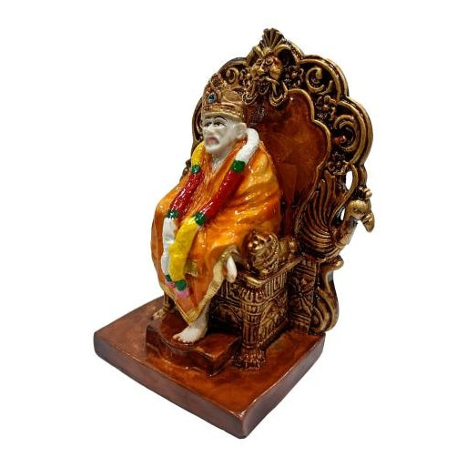 Sai Baba on Simhasan Multicolour Marble Dust Idol Pooja Ghar Decorative Showpiece 5 Inch